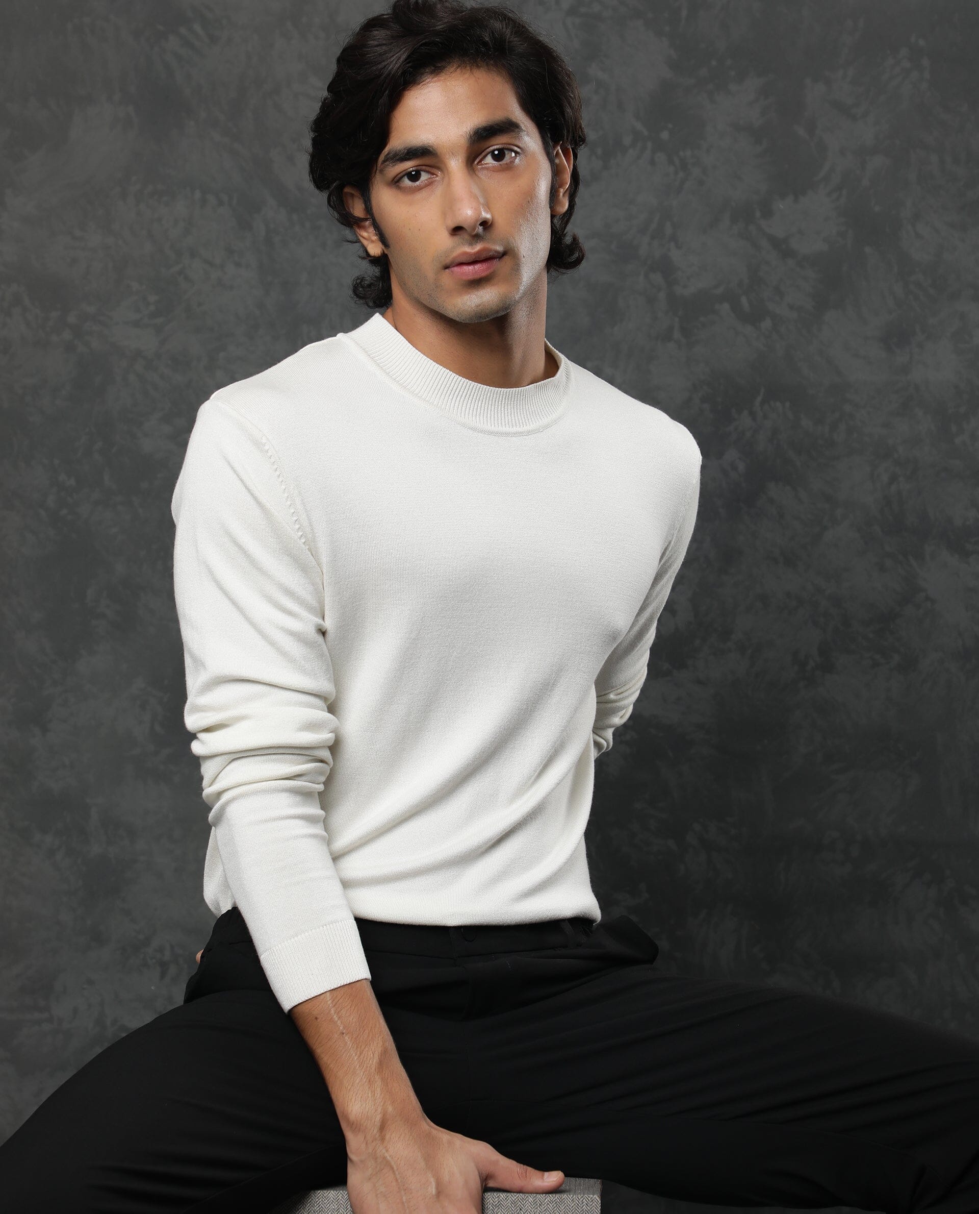 Rare Rabbit Men's Alfo White Viscose Plain Slim Fit Full Sleeve High Neck Sweater - Image 4