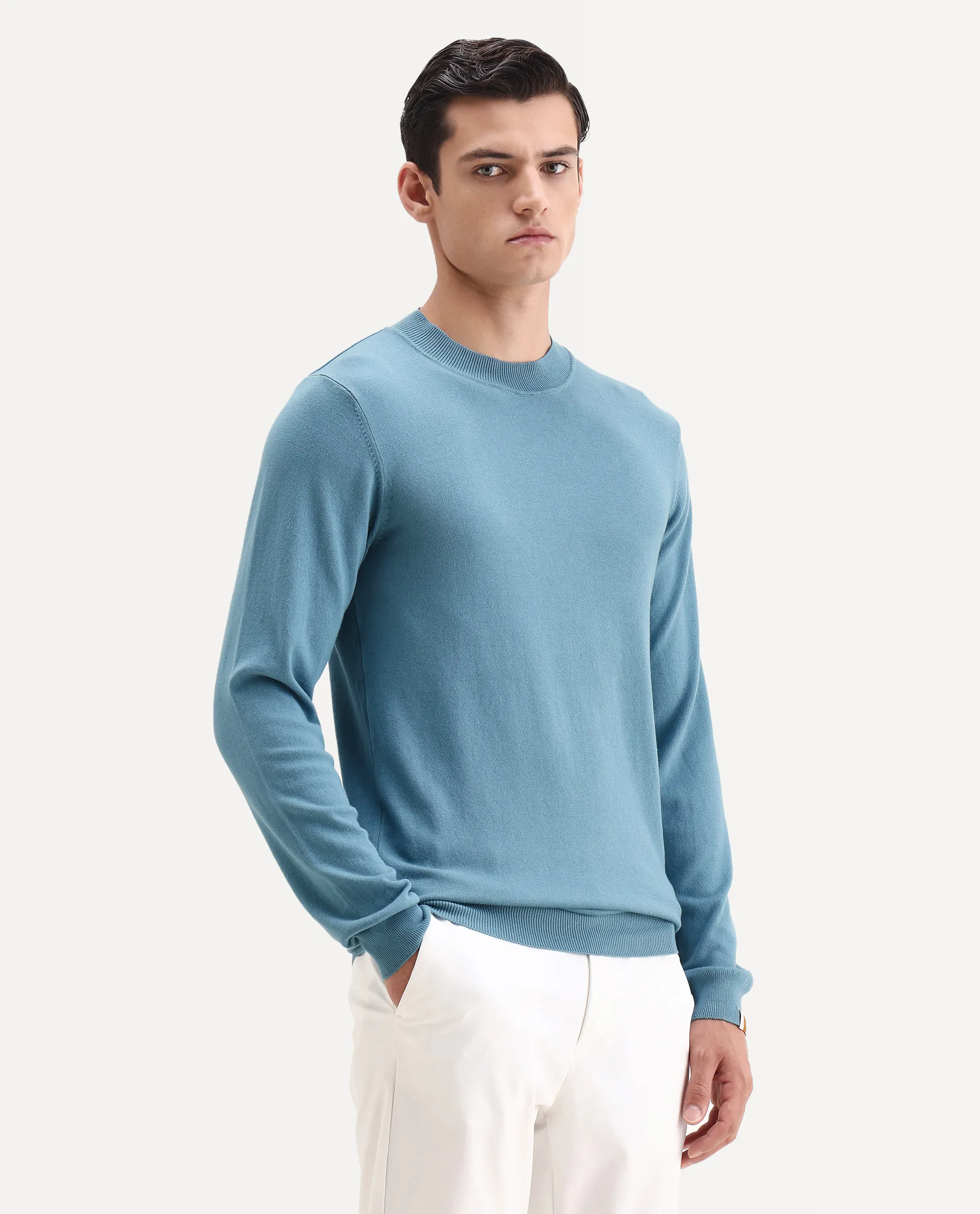 Rare Rabbit Men's Alfo 1 Light Blue Viscose Plain Slim Fit Full Sleeve High Neck Sweater - Image 5