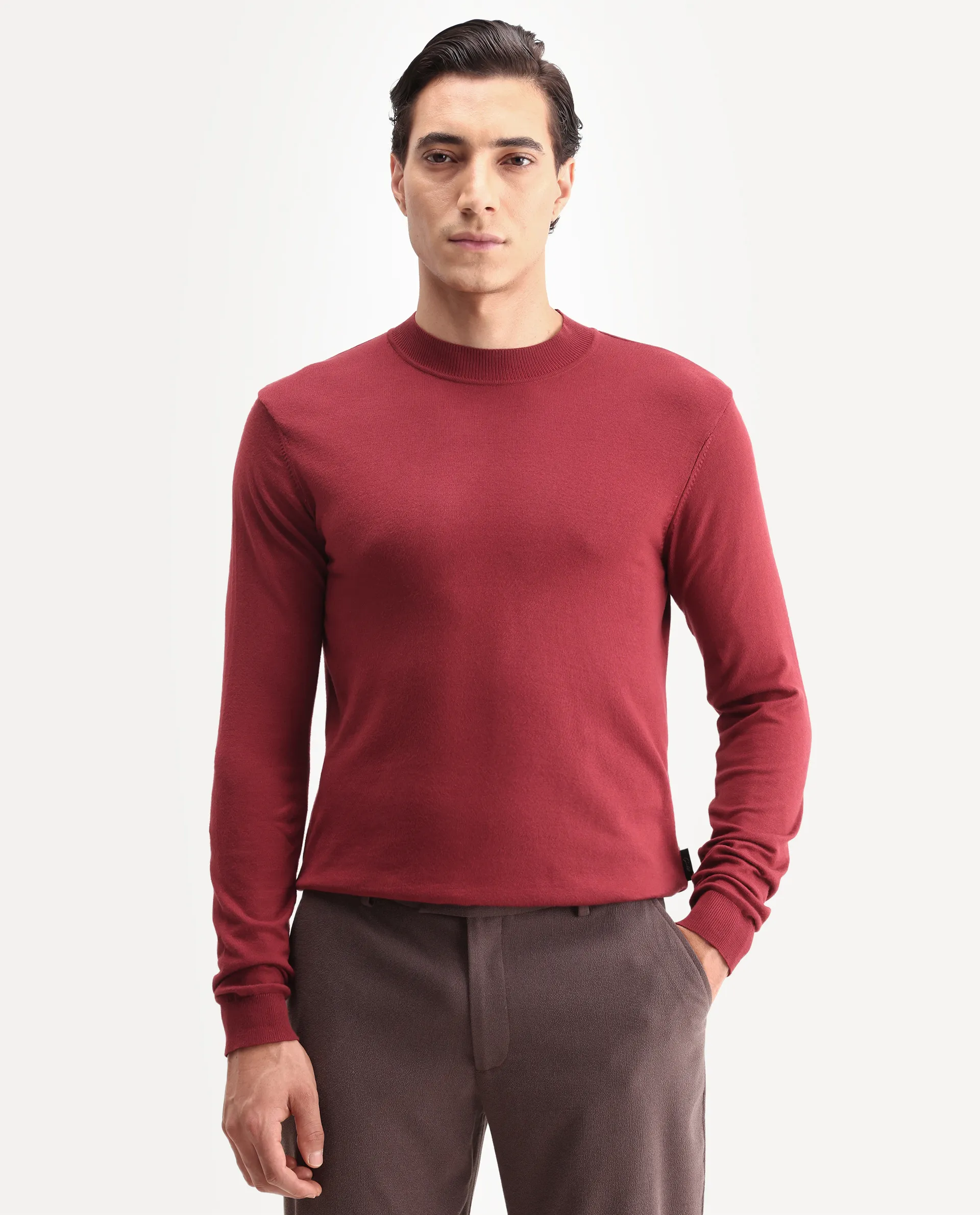 Rare Rabbit Men's Alfot Red Viscose Plain Regular Fit Full Sleeve High Neck Sweater - Image 3