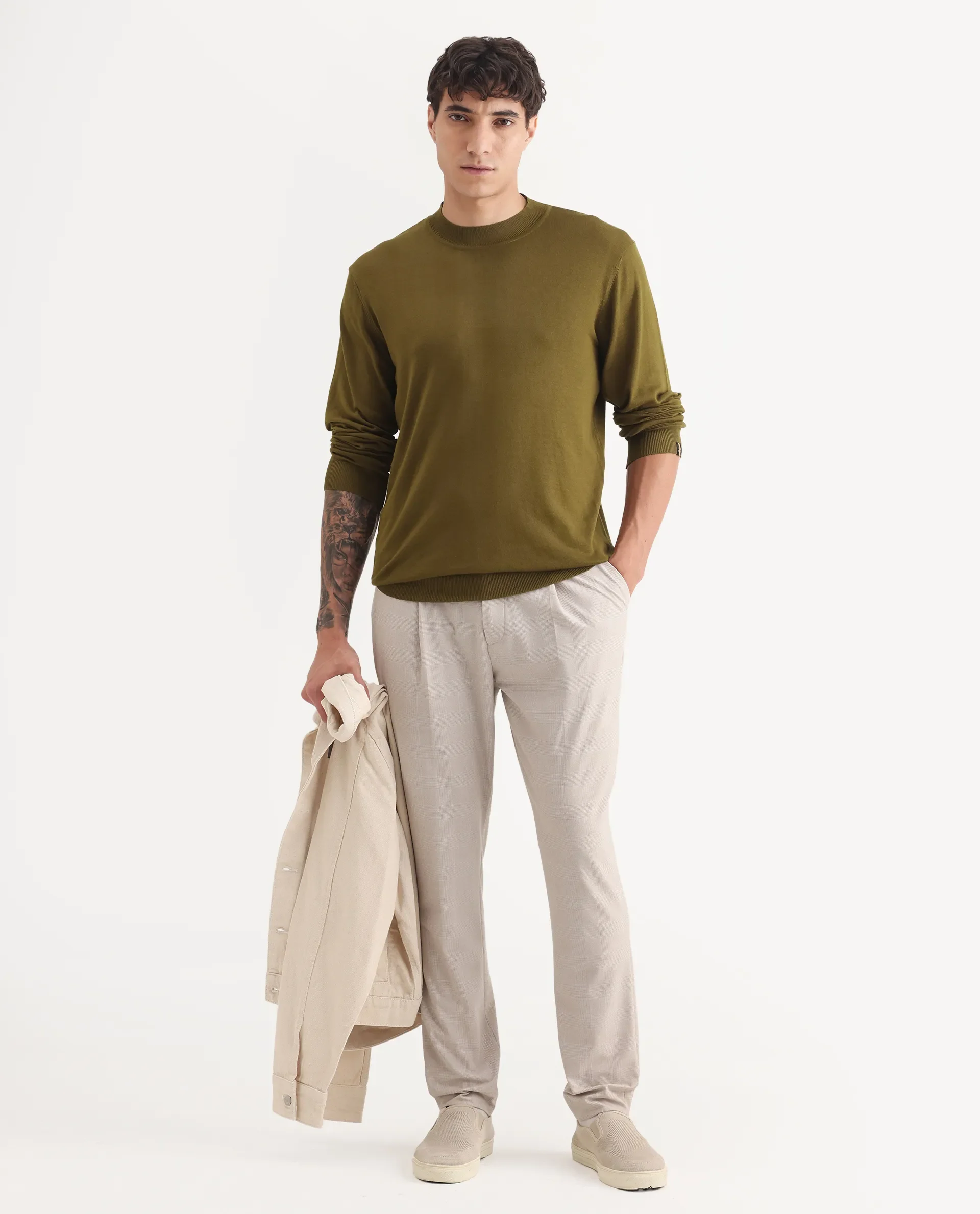 Rare Rabbit Men's Alfot Olive Viscose Plain Regular Fit Full Sleeve High Neck Sweater - Image 2