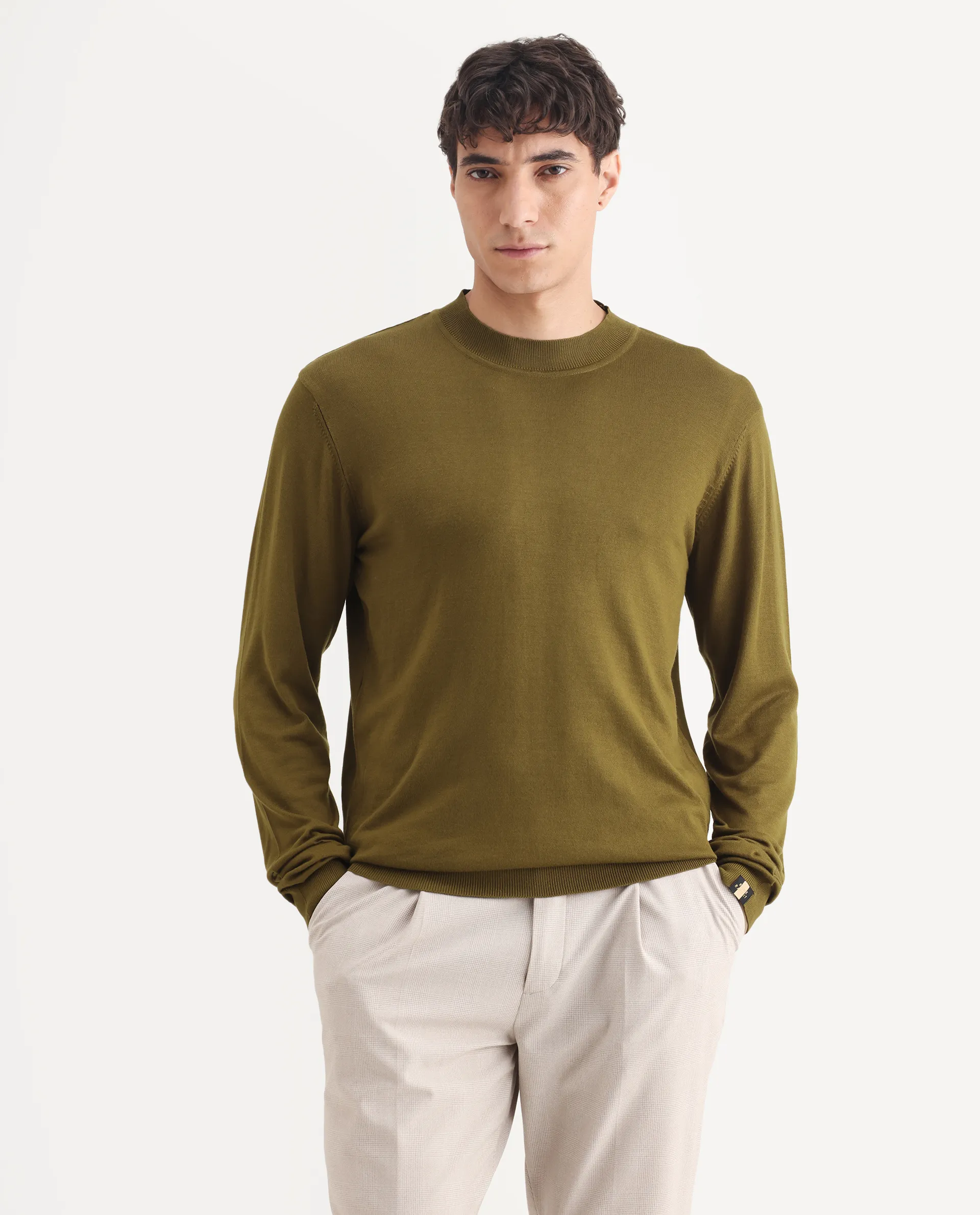 Rare Rabbit Men's Alfot Olive Viscose Plain Regular Fit Full Sleeve High Neck Sweater - Image 3