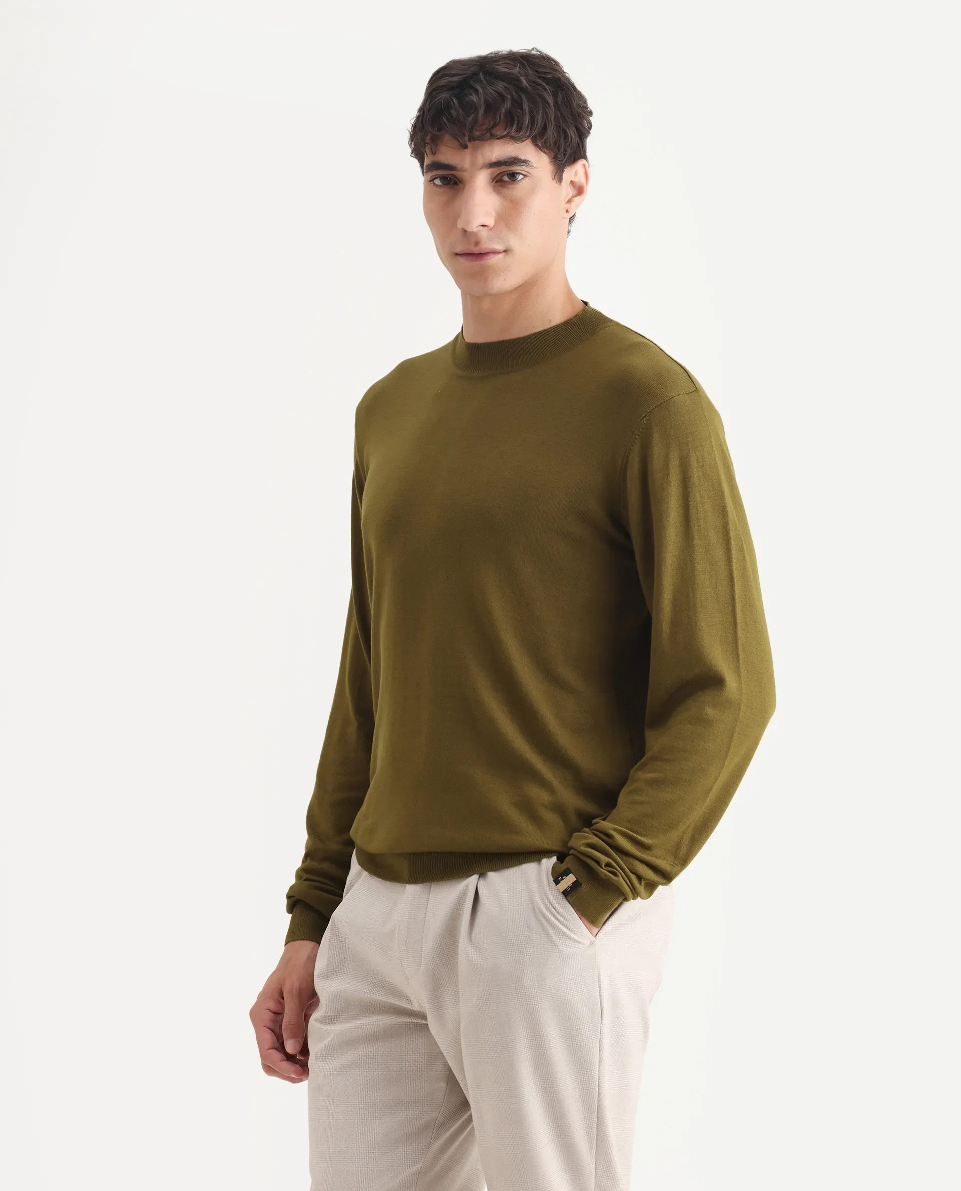 Rare Rabbit Men's Alfot Olive Viscose Plain Regular Fit Full Sleeve High Neck Sweater - Image 5