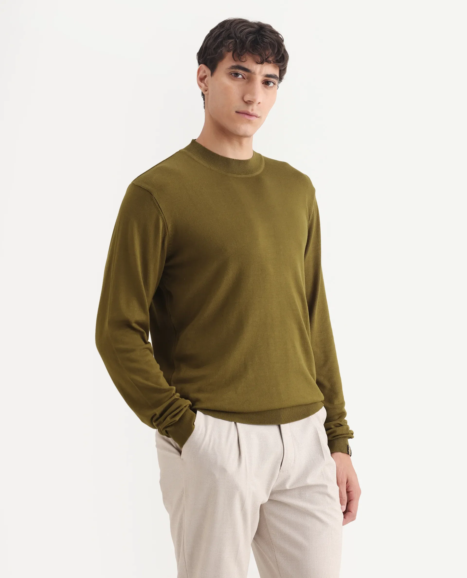 Rare Rabbit Men's Alfot Olive Viscose Plain Regular Fit Full Sleeve High Neck Sweater - Image 6