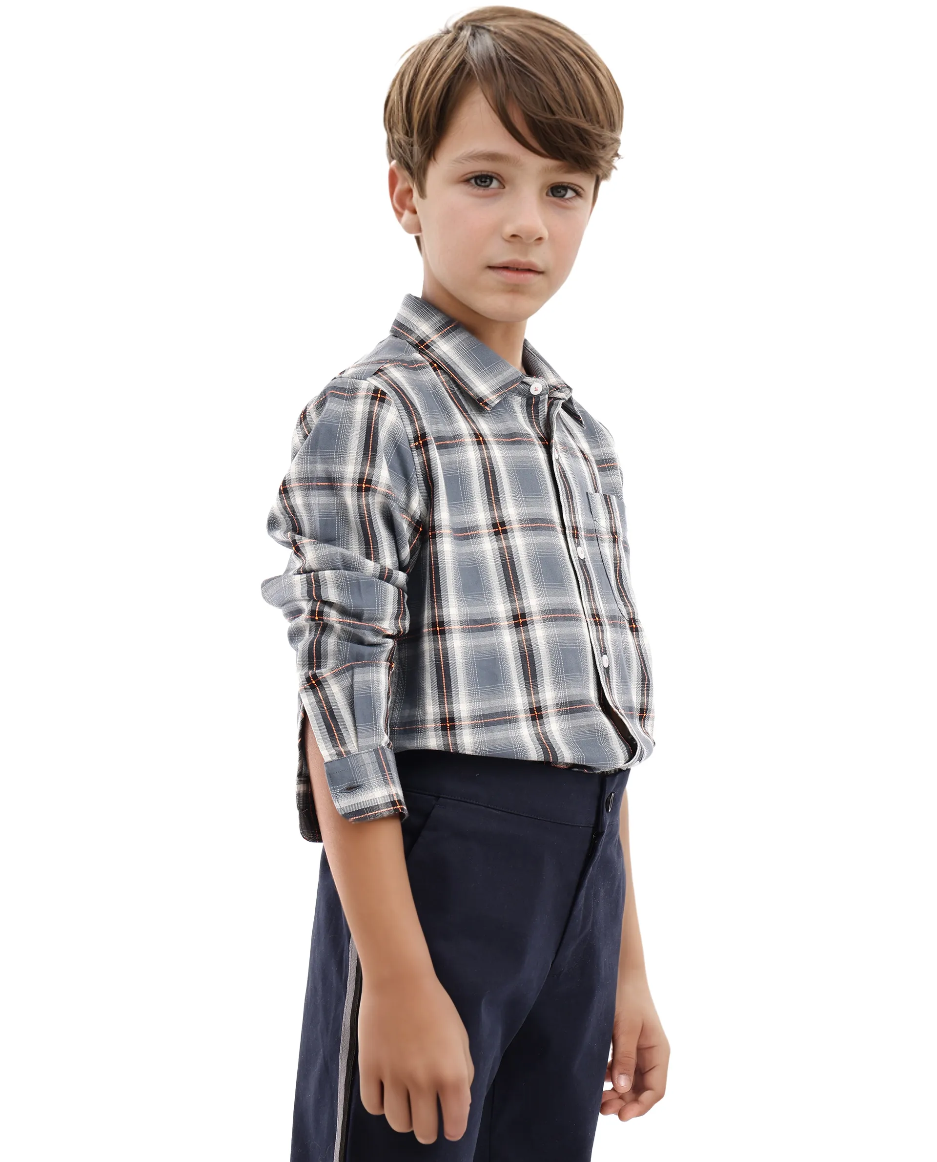 Rare Ones Kids Alfro Grey Cotton Full Sleeves Regular Collar Checked Shirt - Image 6