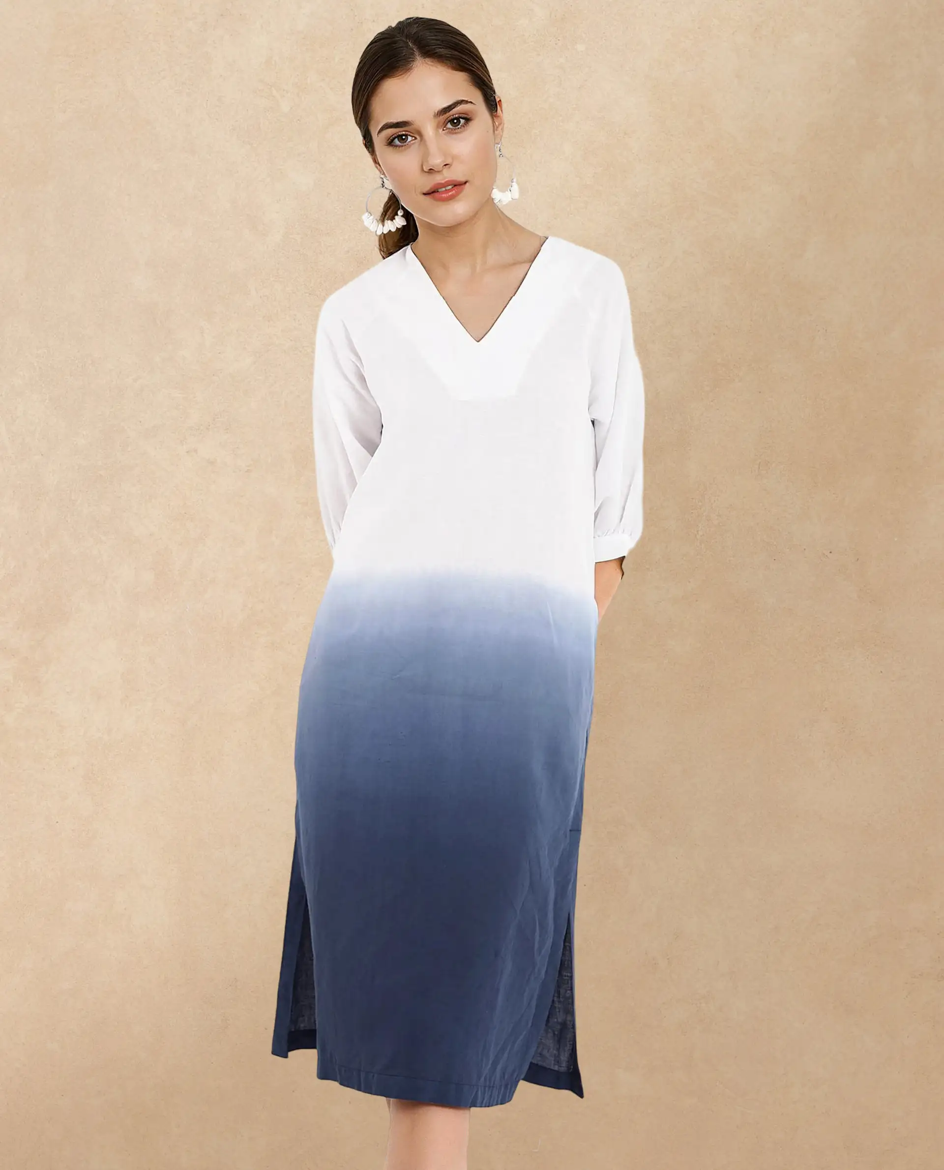 Rareism Women's Algan White Polyester Blend V-Neck Ombre Raglan Sleeve Midi Straight Fit Dress - Image 2