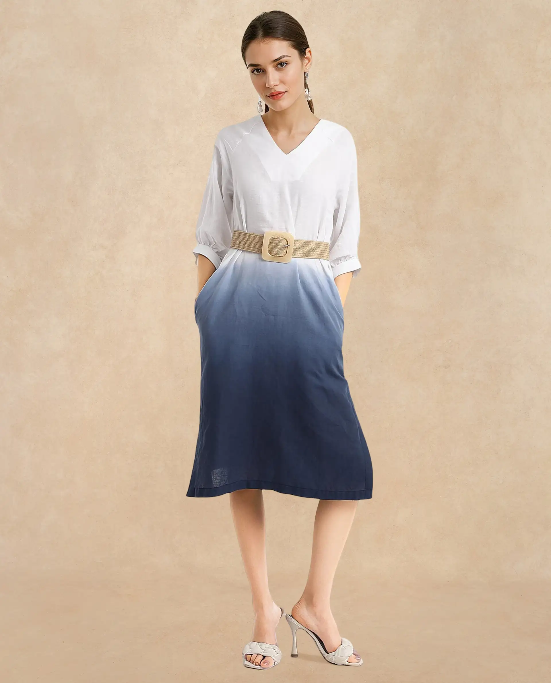 Rareism Women's Algan White Polyester Blend V-Neck Ombre Raglan Sleeve Midi Straight Fit Dress - Image 3