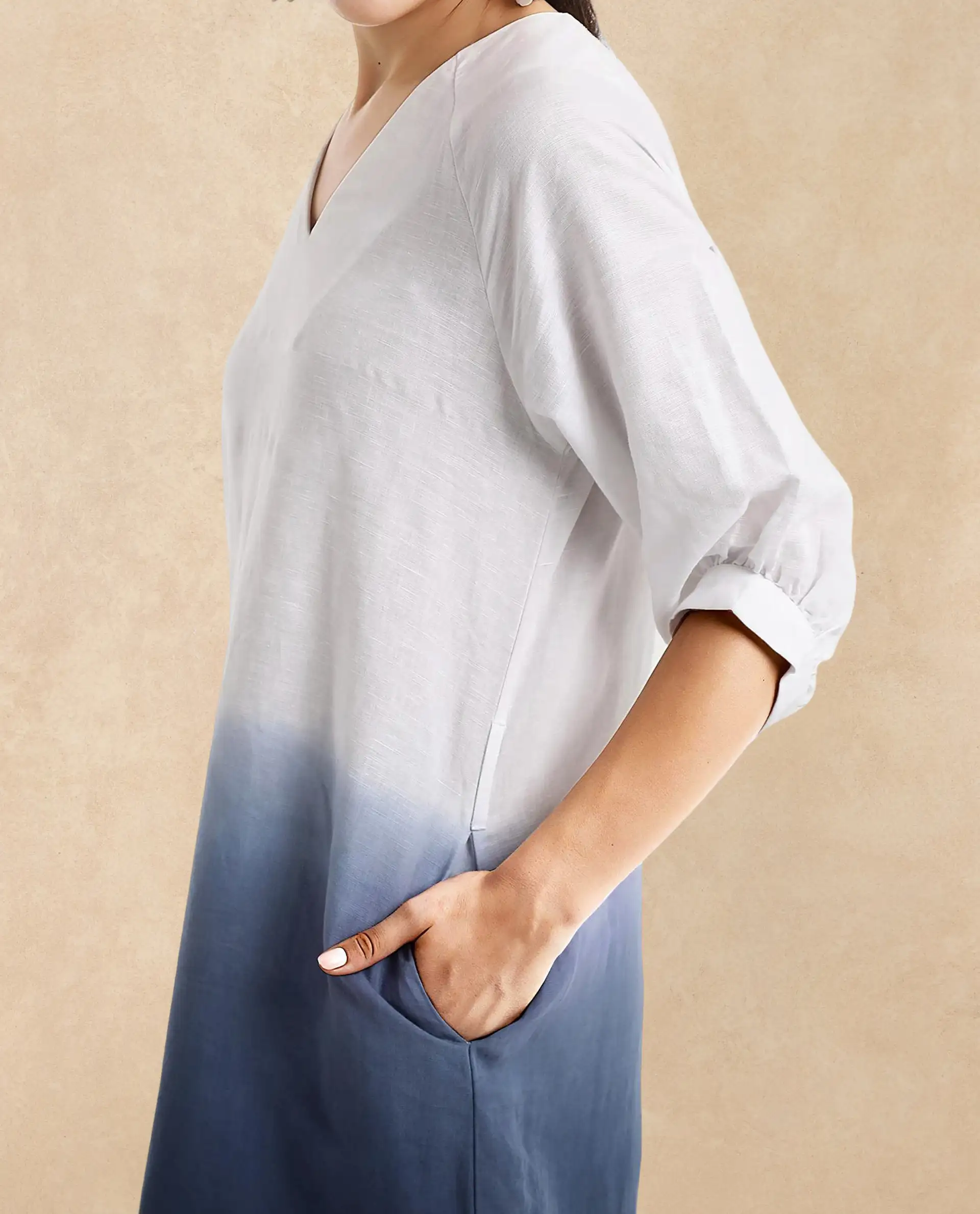 Rareism Women's Algan White Polyester Blend V-Neck Ombre Raglan Sleeve Midi Straight Fit Dress - Image 4