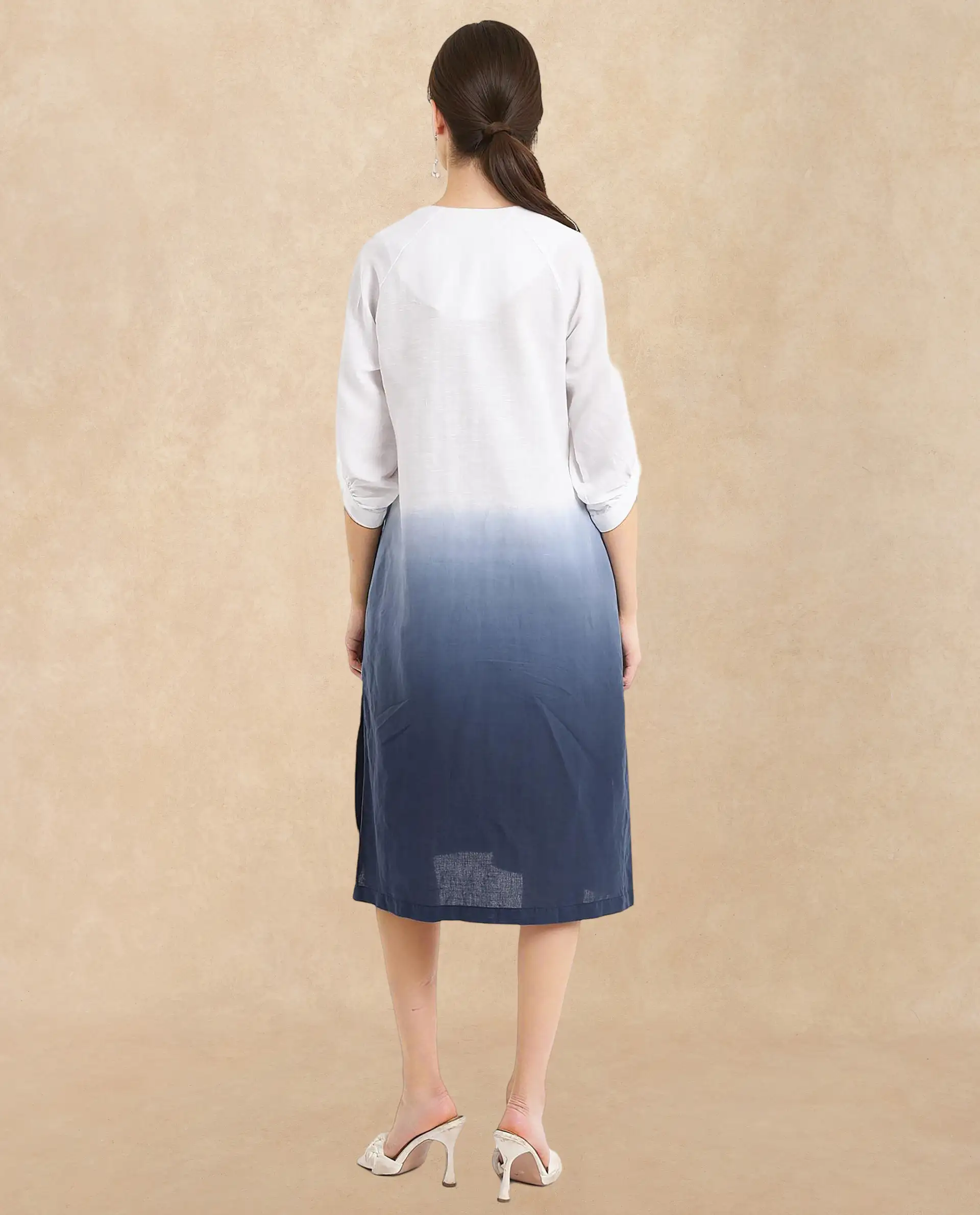 Rareism Women's Algan White Polyester Blend V-Neck Ombre Raglan Sleeve Midi Straight Fit Dress - Image 6