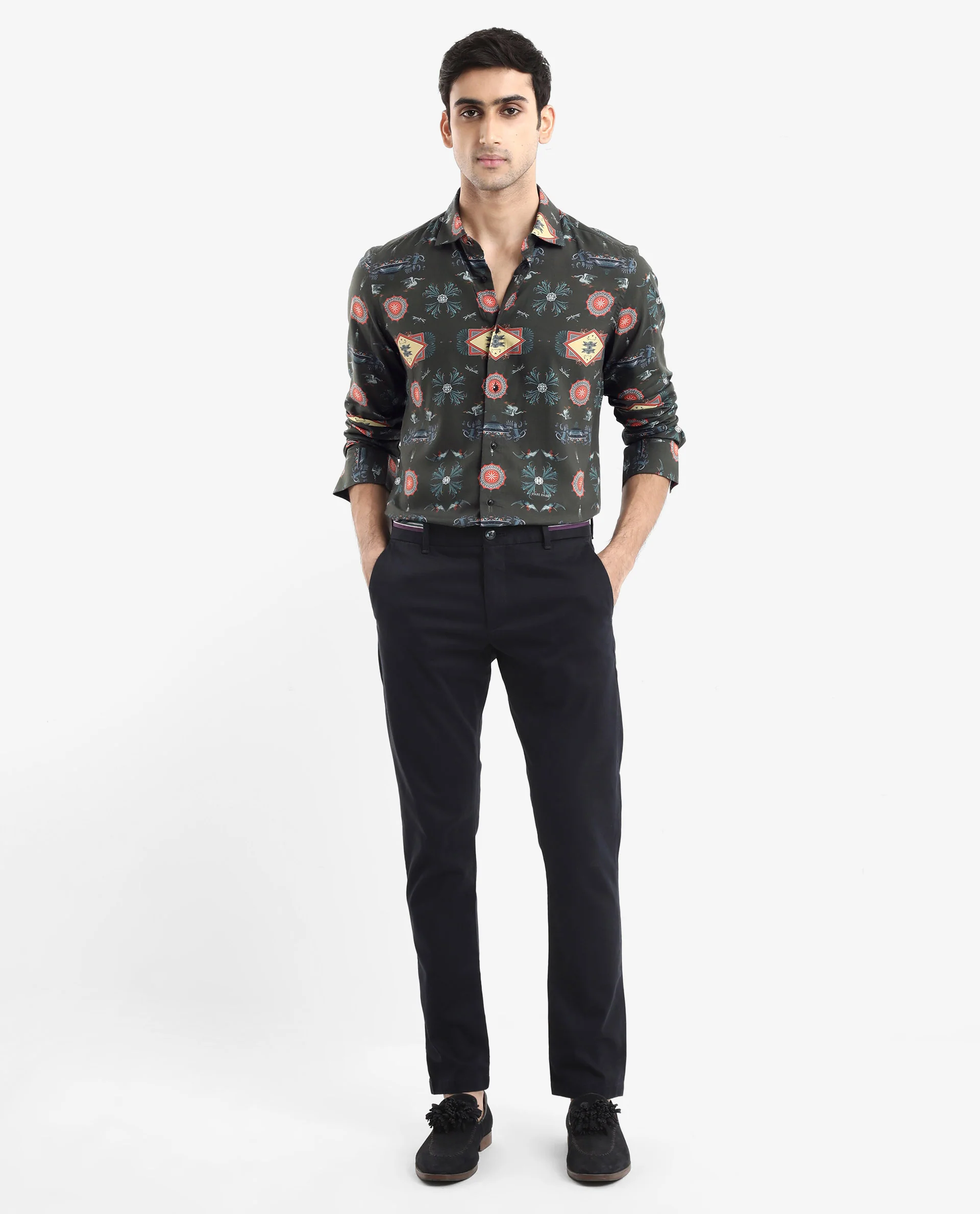 Rare Rabbit Men's Algol Dark Olive Viscose Decorative Print Regular Fit Full Sleeve Spread Collar Shirt - Image 2