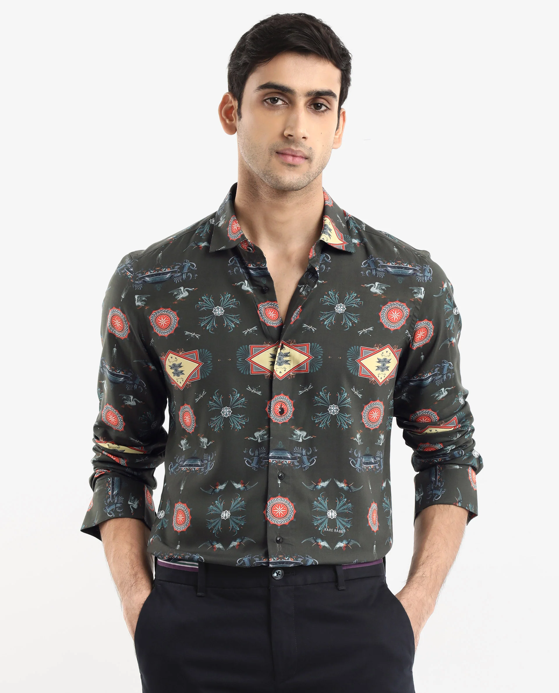 Rare Rabbit Men's Algol Dark Olive Viscose Decorative Print Regular Fit Full Sleeve Spread Collar Shirt - Image 3