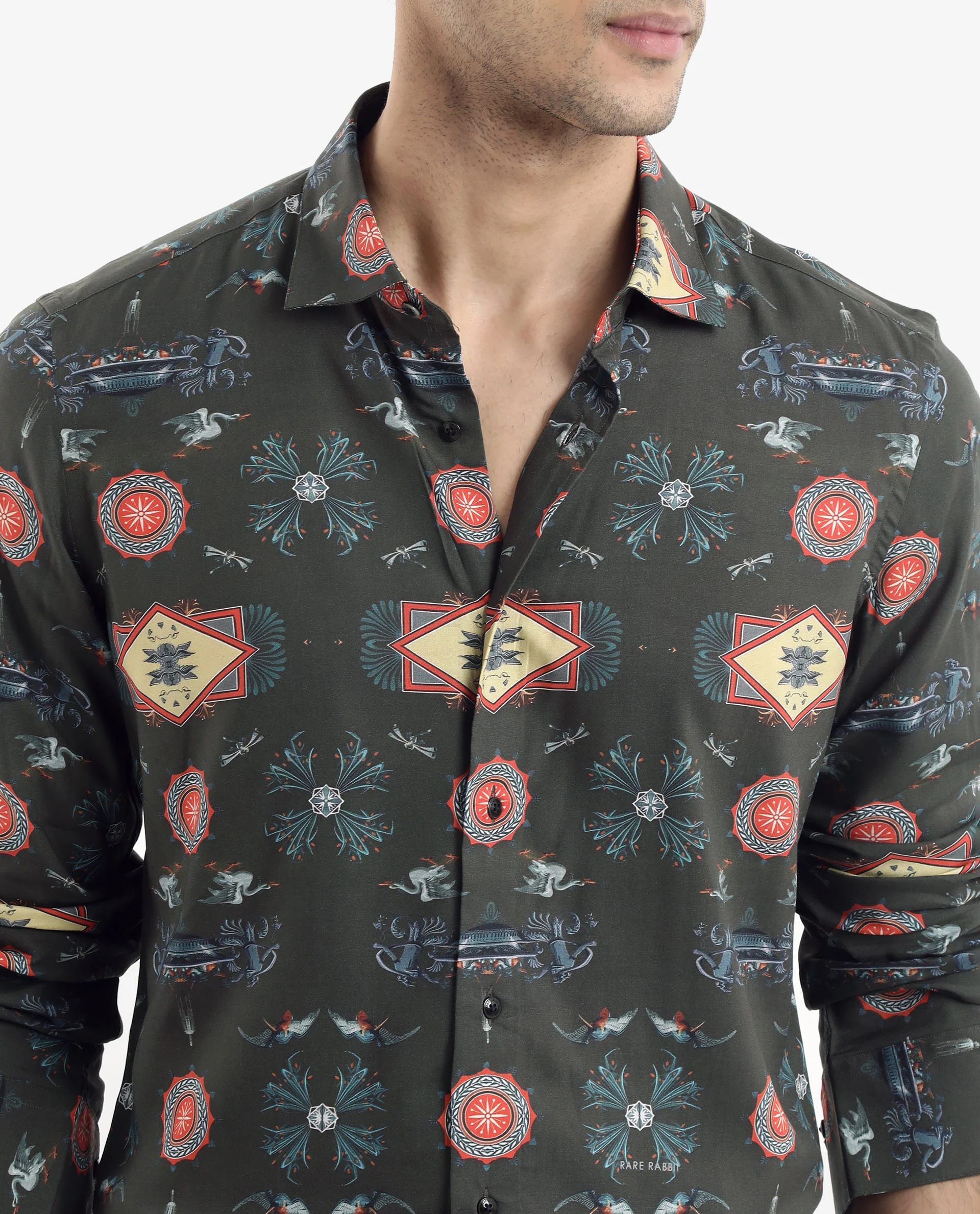 Rare Rabbit Men's Algol Dark Olive Viscose Decorative Print Regular Fit Full Sleeve Spread Collar Shirt - Image 4