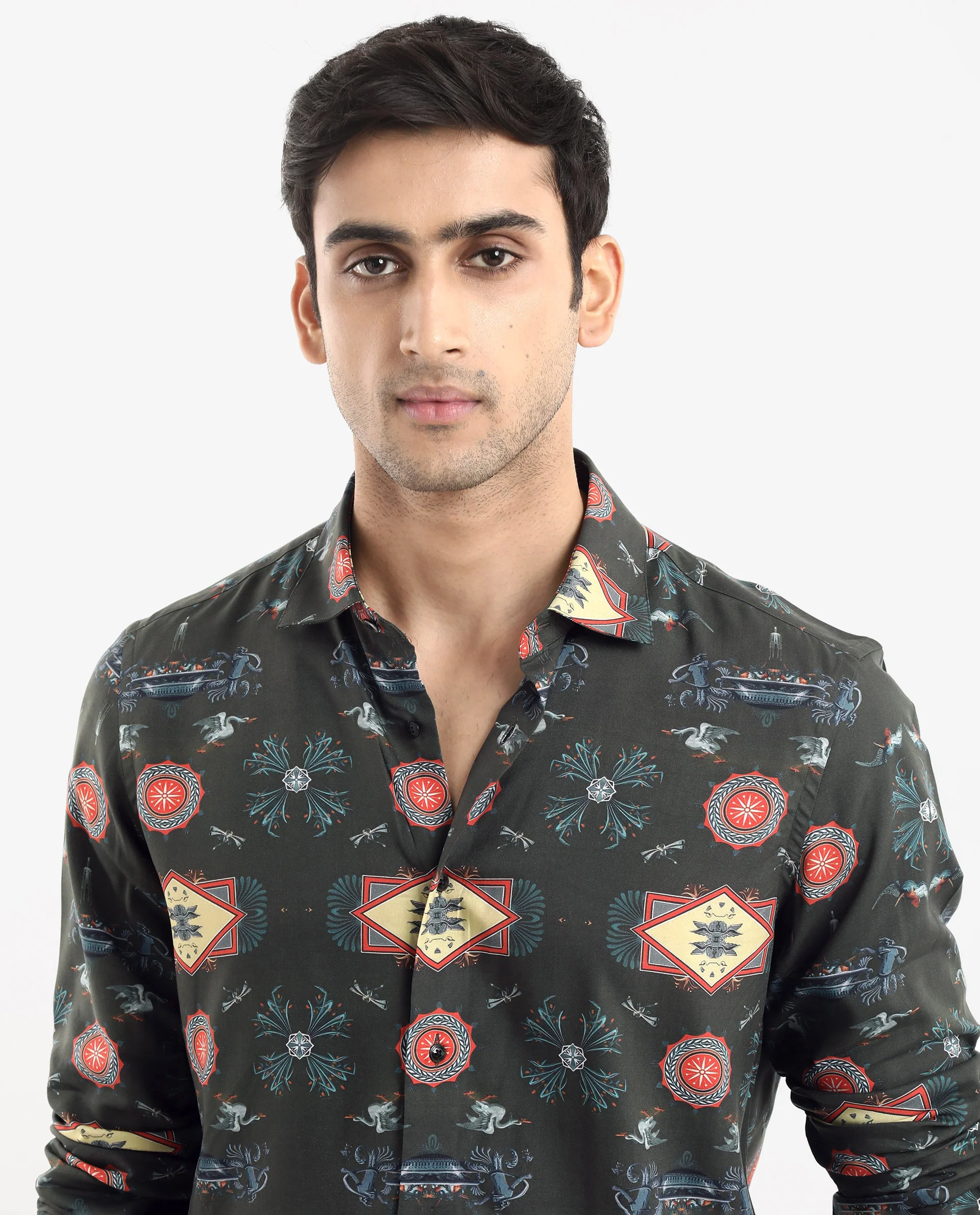 Rare Rabbit Men's Algol Dark Olive Viscose Decorative Print Regular Fit Full Sleeve Spread Collar Shirt - Image 5