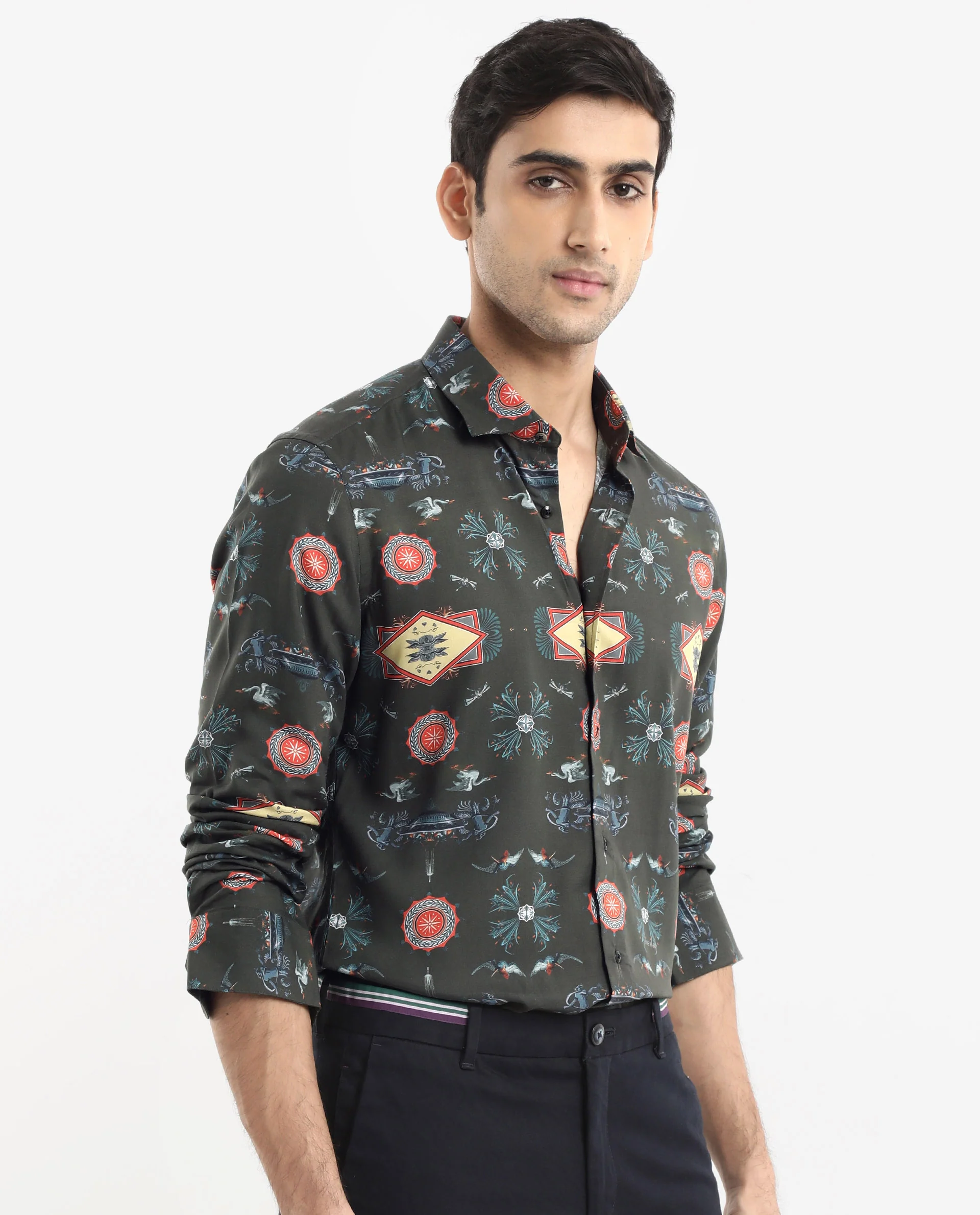 Rare Rabbit Men's Algol Dark Olive Viscose Decorative Print Regular Fit Full Sleeve Spread Collar Shirt - Image 6