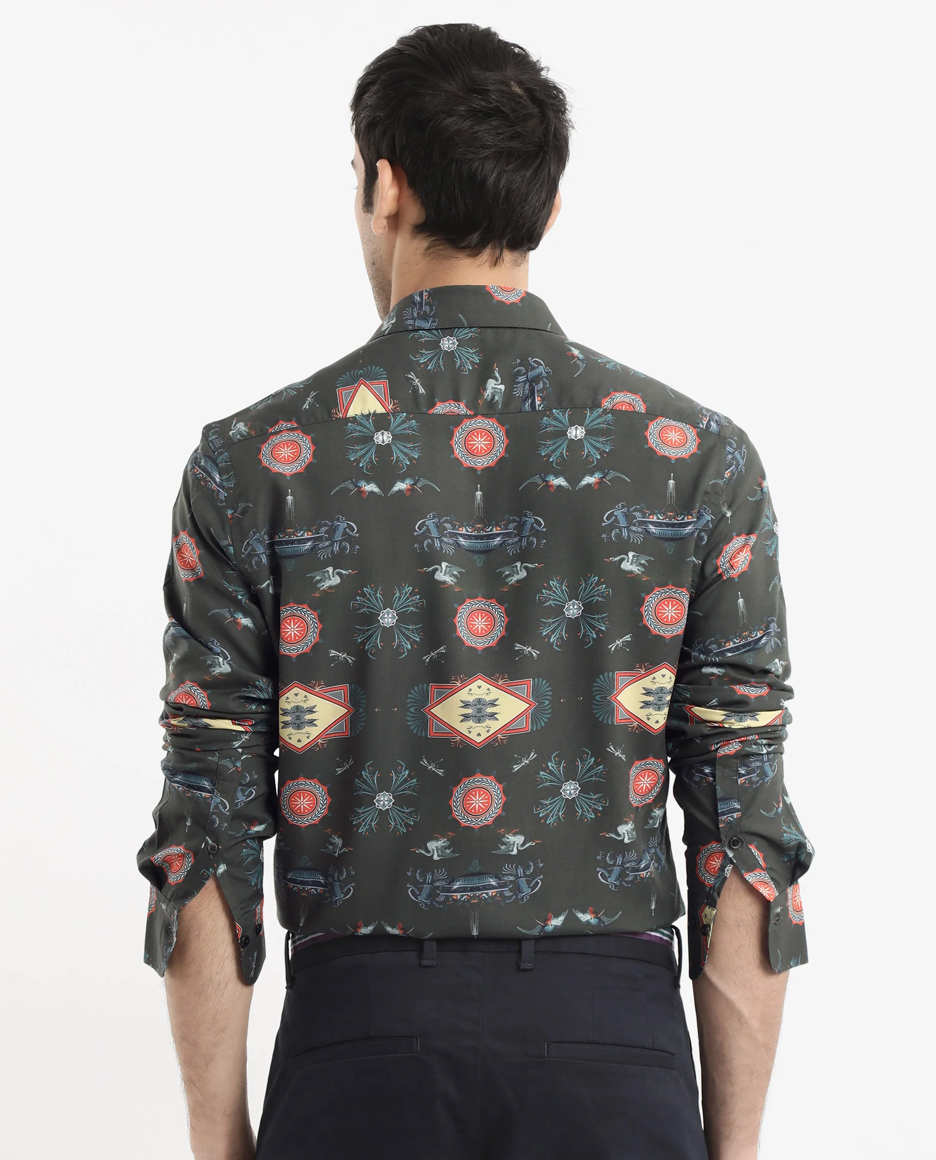 Rare Rabbit Men's Algol Dark Olive Viscose Decorative Print Regular Fit Full Sleeve Spread Collar Shirt - Image 7