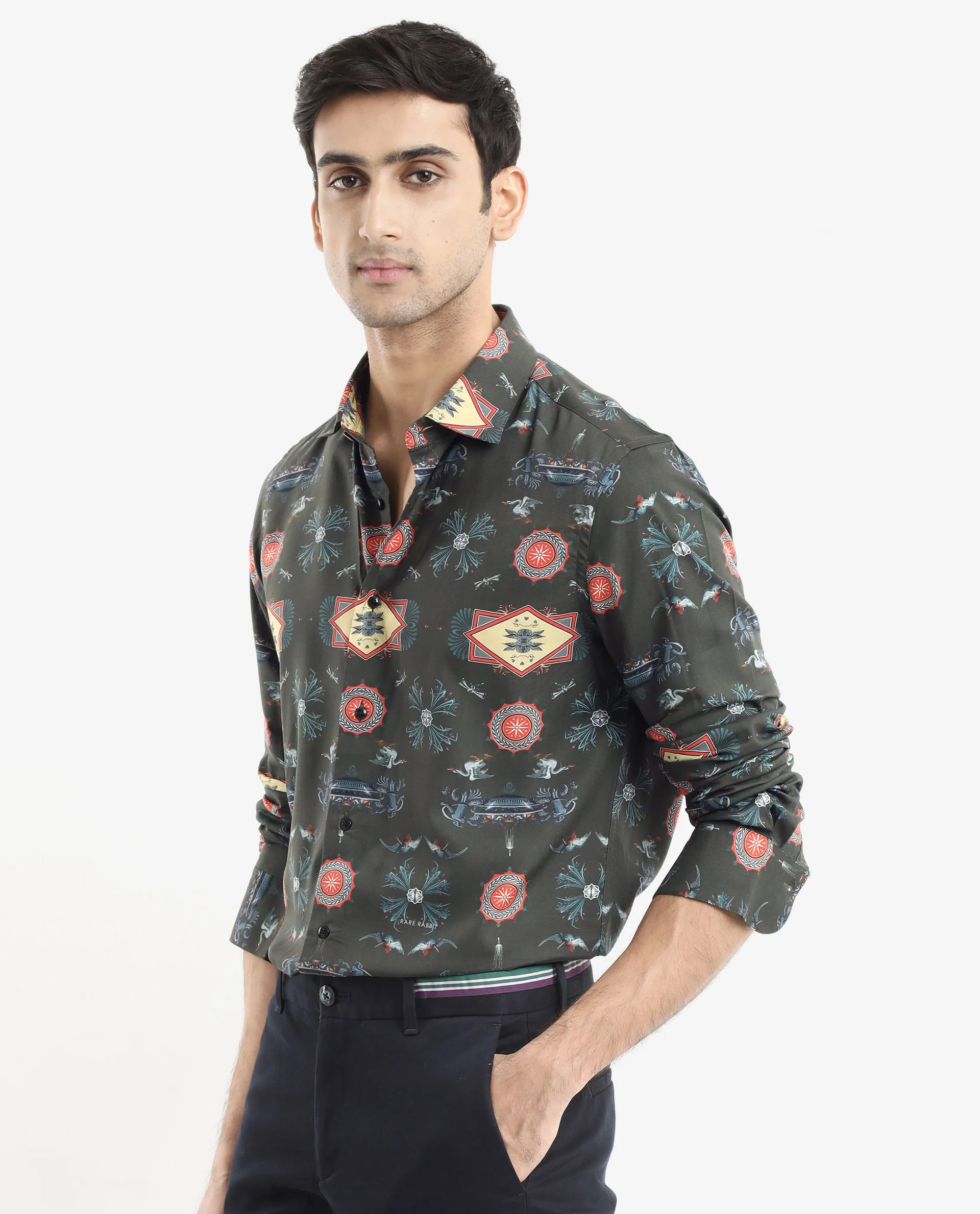 Rare Rabbit Men's Algol Dark Olive Viscose Decorative Print Regular Fit Full Sleeve Spread Collar Shirt - Image 8