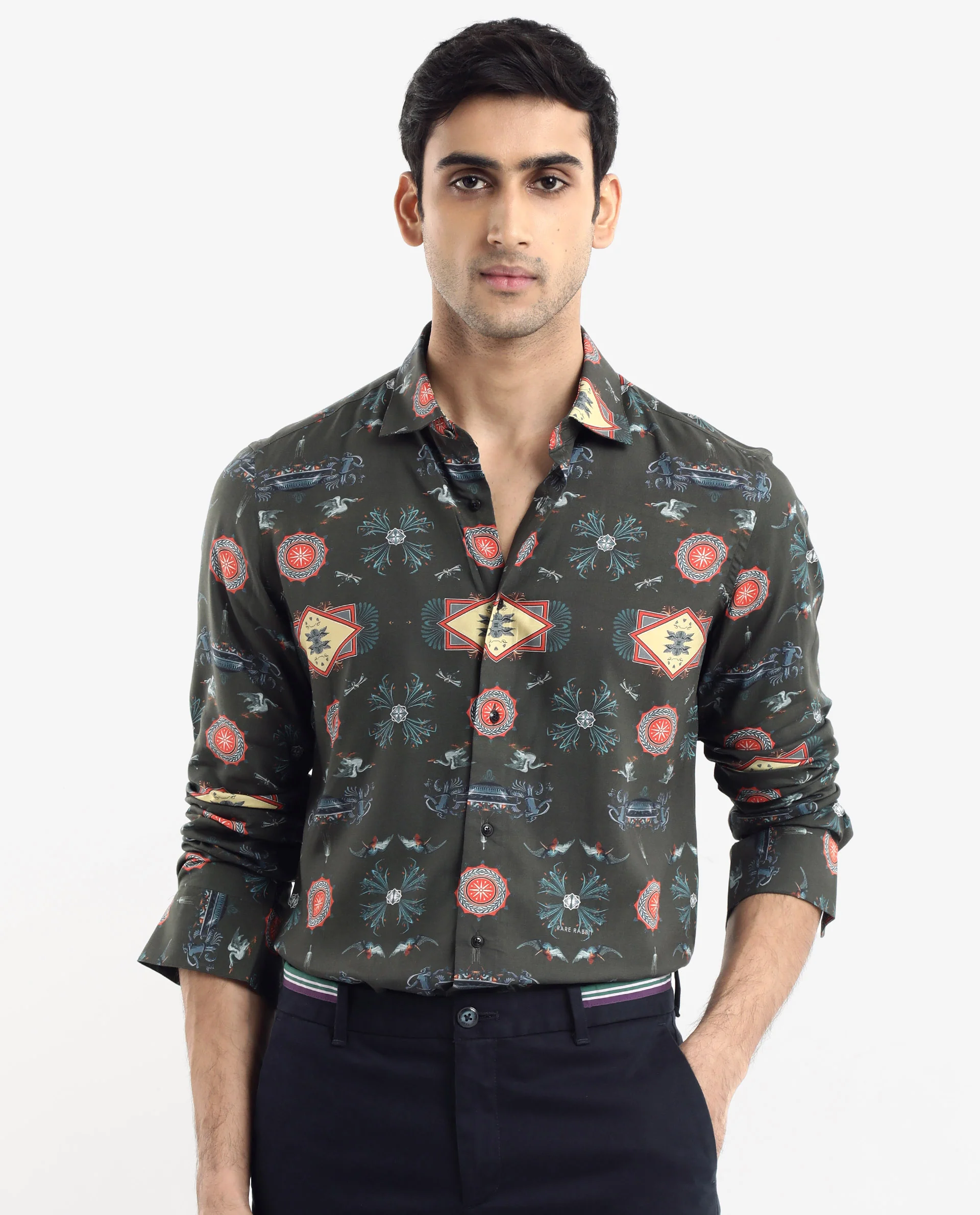 Rare Rabbit Men's Algol Dark Olive Viscose Decorative Print Regular Fit Full Sleeve Spread Collar Shirt - Image 9