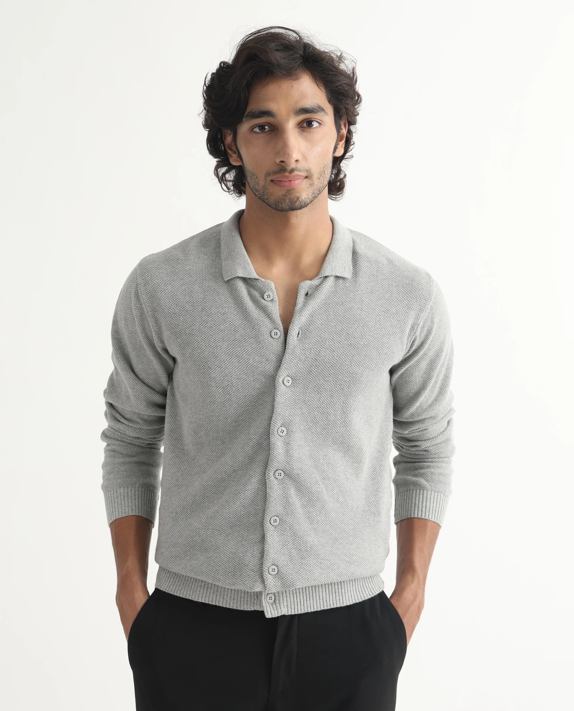 Rare Rabbit Men's Alias Light Grey Plain Regular Fit Full Sleeve Collared Shirt