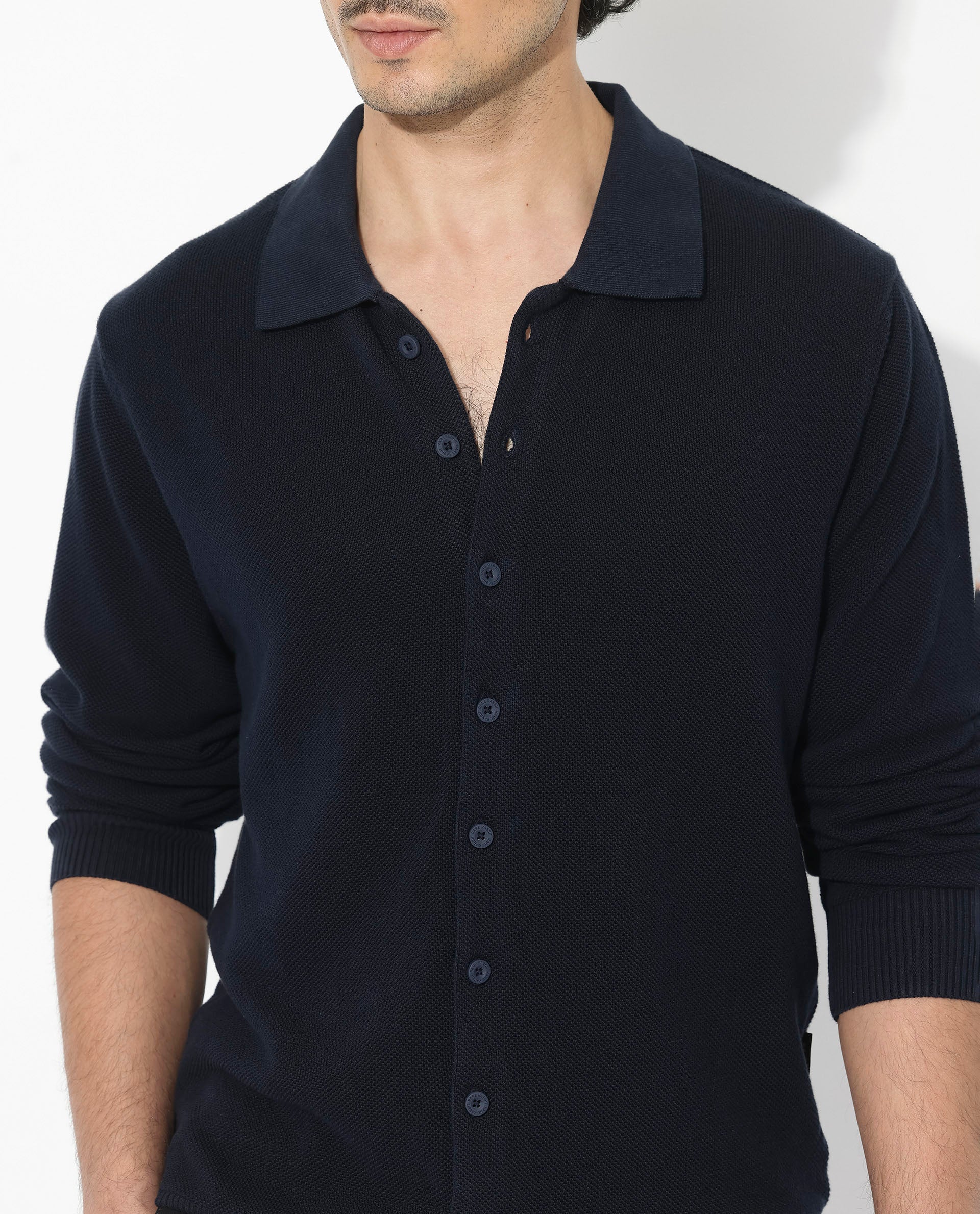 Rare Rabbit Men's Alias-N Navy Cotton Plain Regular Fit Full Sleeve Collared Shirt - Image 3