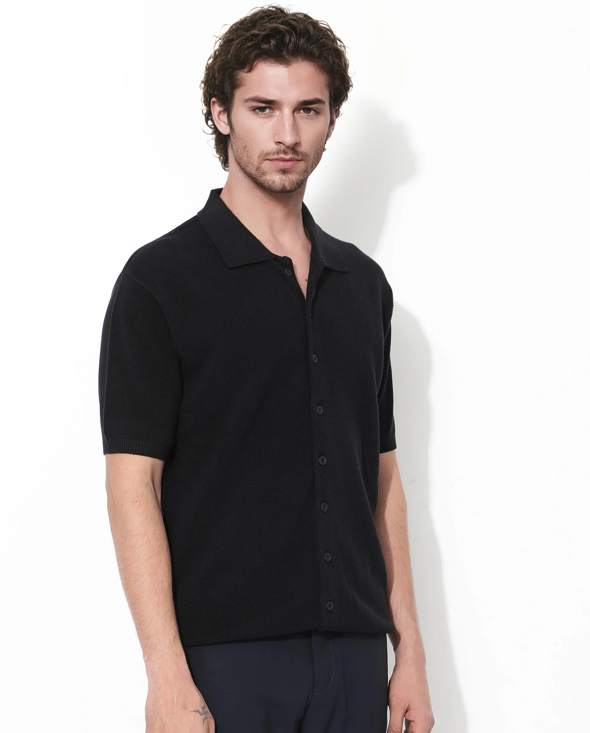 Rare Rabbit Men's Alias-N Ss Black Cotton Plain Regular Fit Half Sleeve Collared Shirt - Image 3