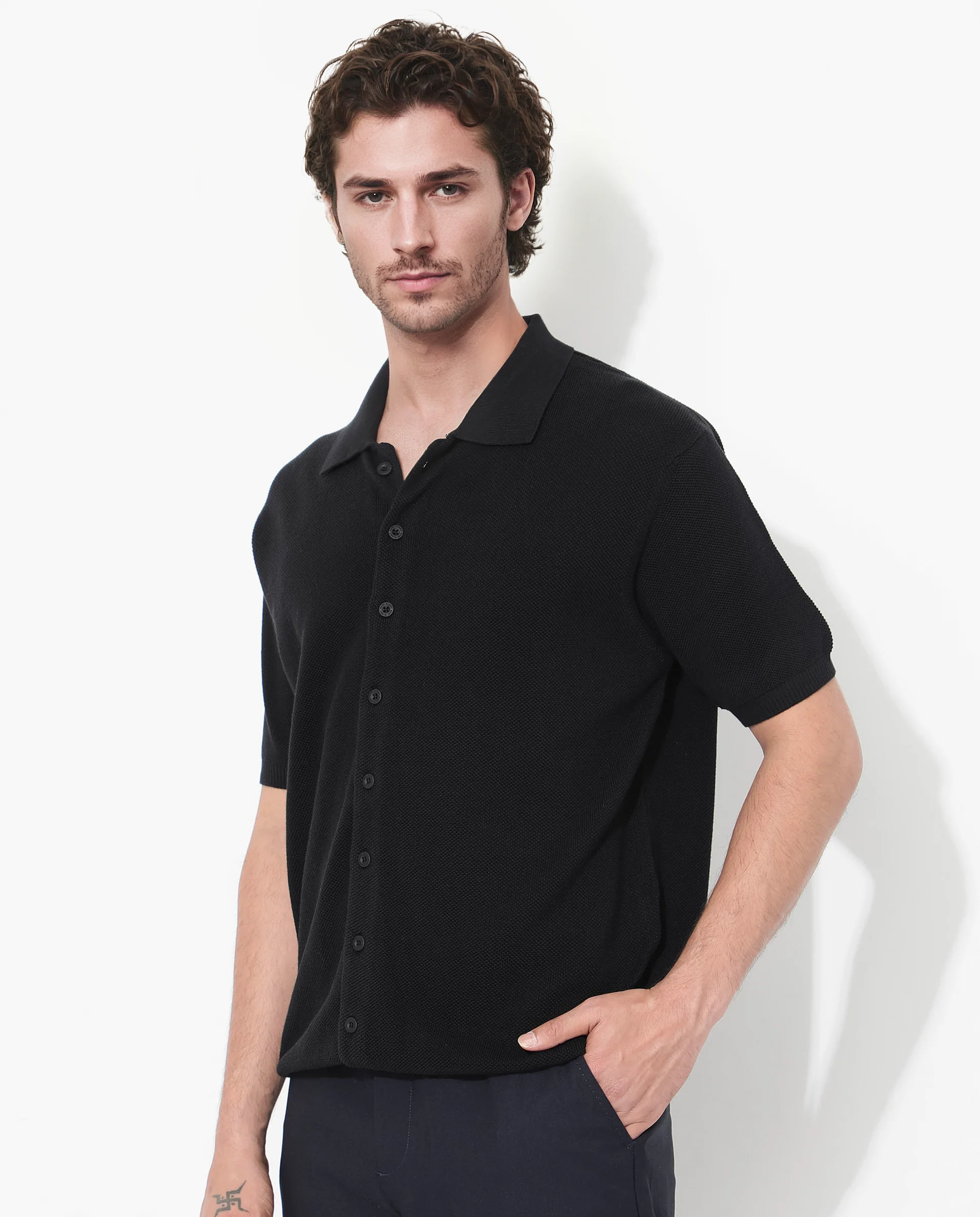 Rare Rabbit Men's Alias-N Ss Black Cotton Plain Regular Fit Half Sleeve Collared Shirt - Image 5