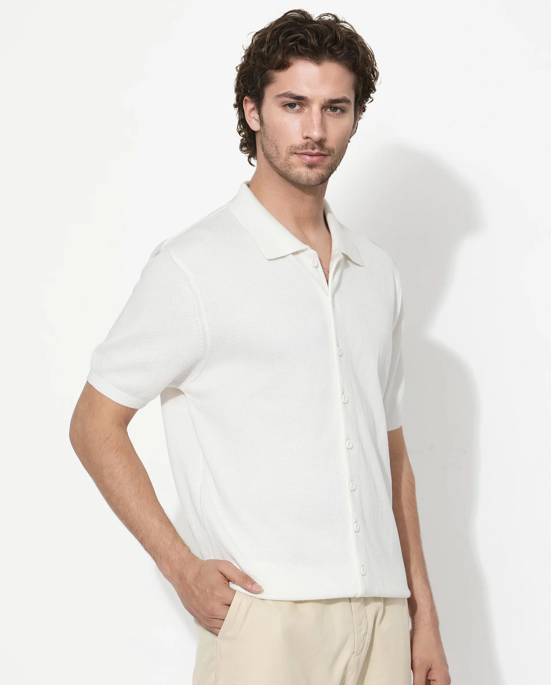 Rare Rabbit Men's Alias-N Ss Off White Cotton Plain Regular Fit Half Sleeve Collared Shirt - Image 3