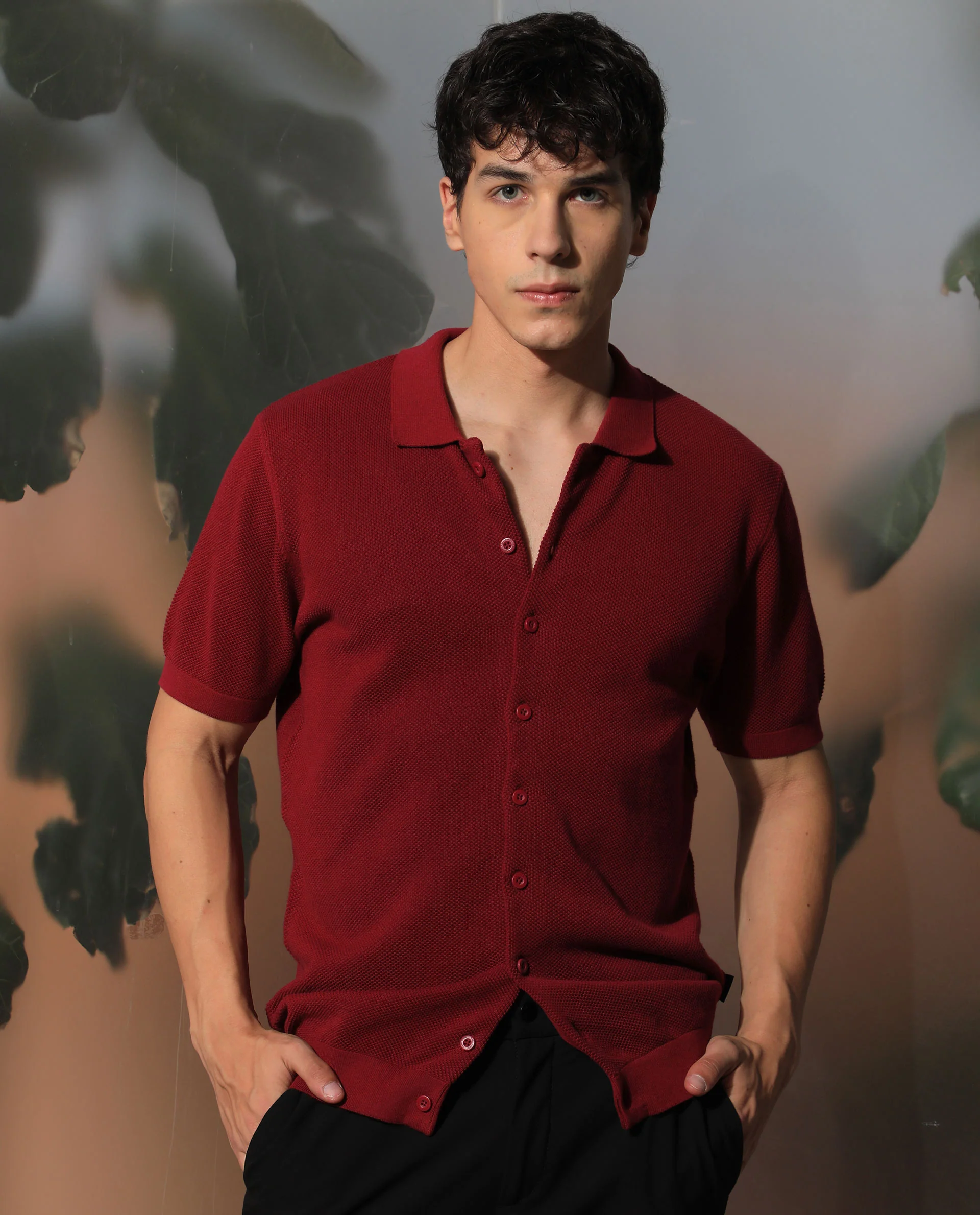 Rare Rabbit Men's Alias Ss Red Plain Regular Fit Half Sleeve Collared Shirt