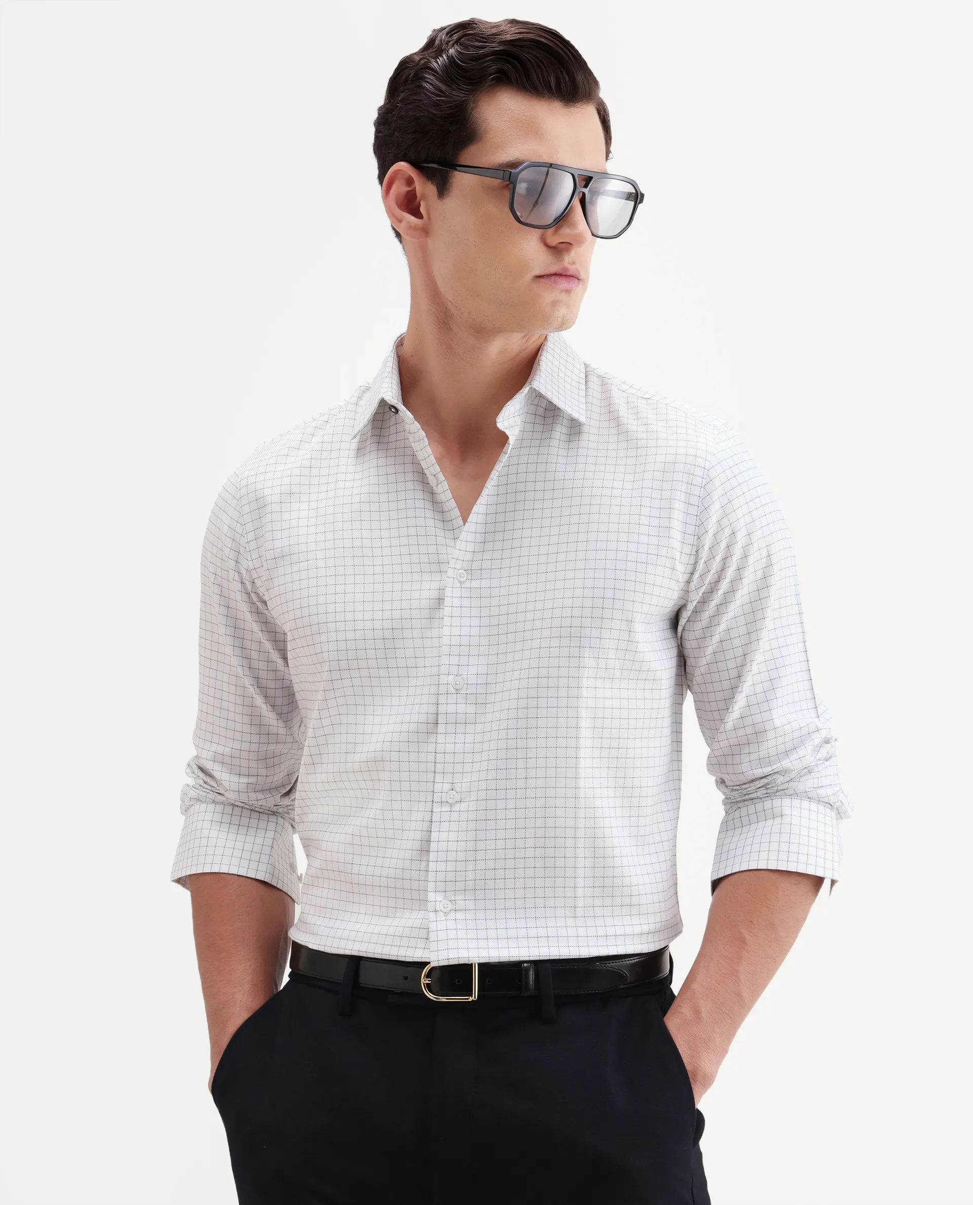 Rare Rabbit Men's Alic Light Navy Cotton Fabric Full Sleeve Spread Collar Regular Fit Checked Shirt
