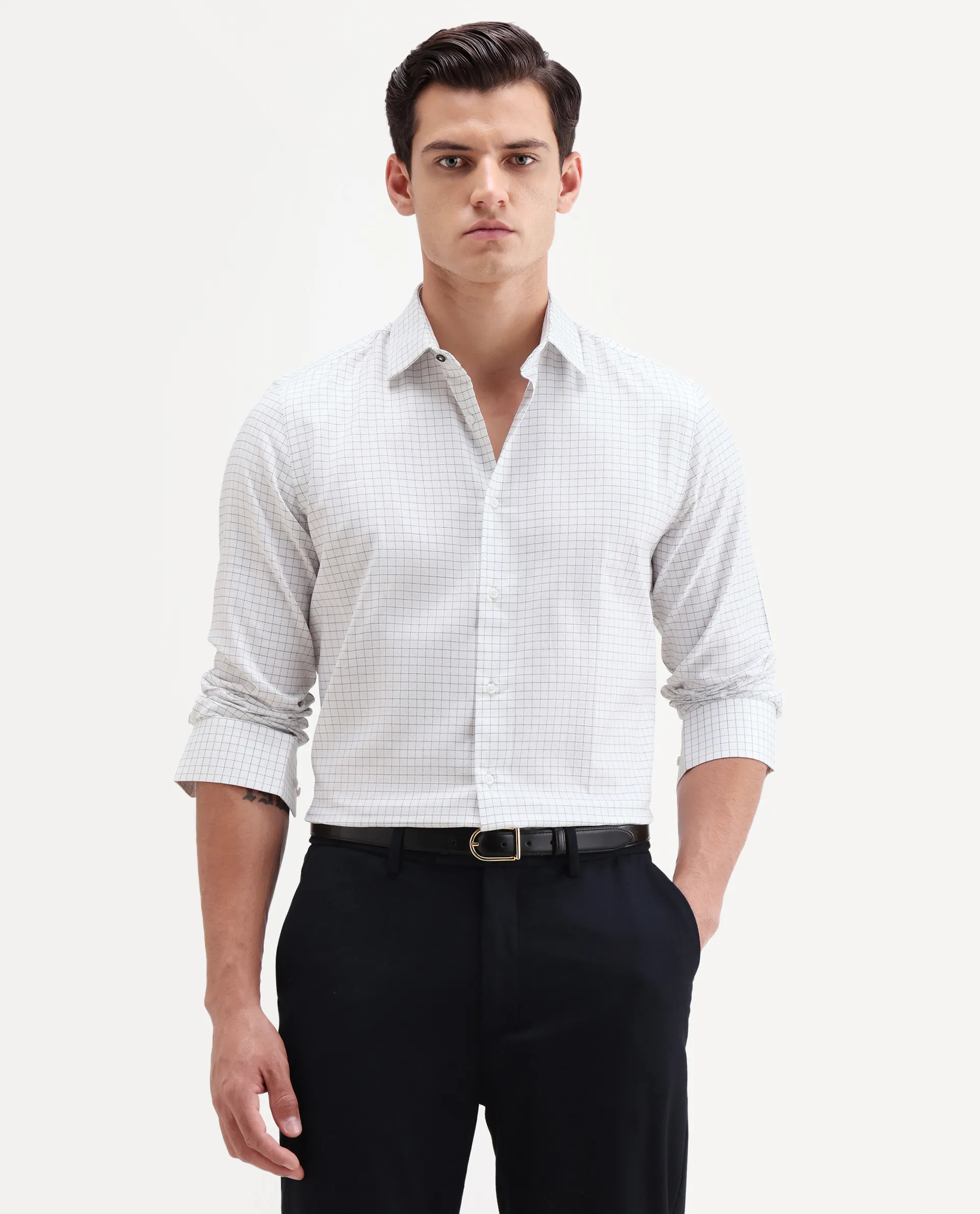 Rare Rabbit Men's Alic Light Navy Cotton Fabric Full Sleeve Spread Collar Regular Fit Checked Shirt - Image 4