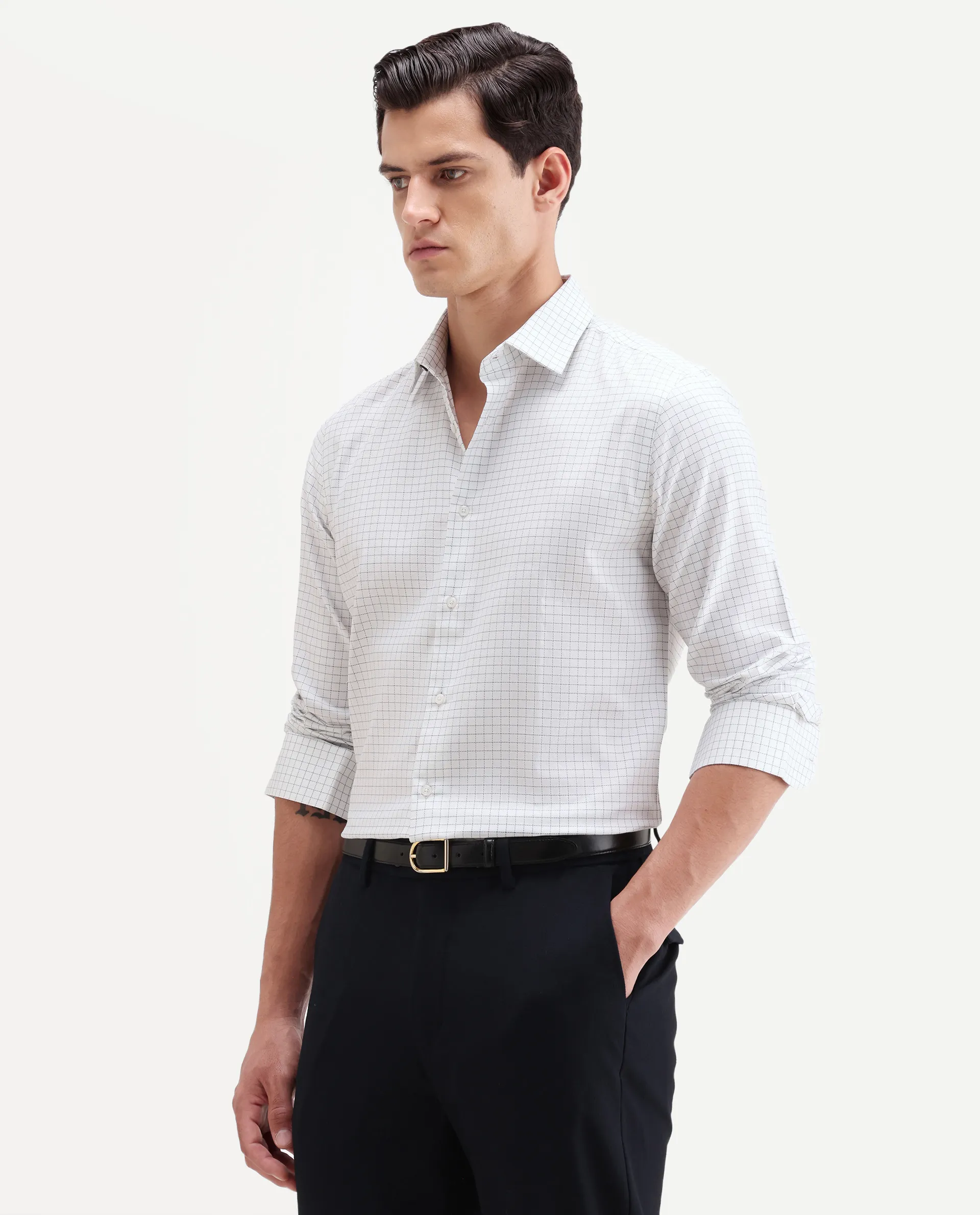 Rare Rabbit Men's Alic Light Navy Cotton Fabric Full Sleeve Spread Collar Regular Fit Checked Shirt - Image 5