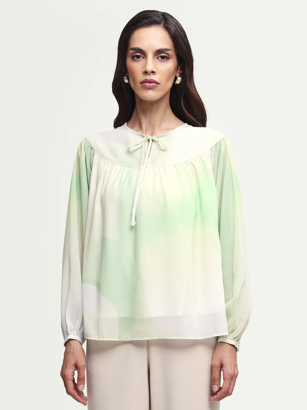 Rareism Women's Cotton Blend Crew Neck Abstract Print Balloon Sleeve Relaxed Fit Top - Image 3