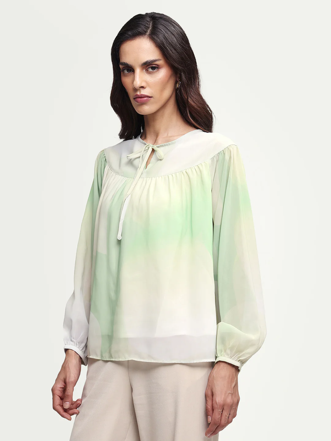 Rareism Women's Cotton Blend Crew Neck Abstract Print Balloon Sleeve Relaxed Fit Top - Image 6