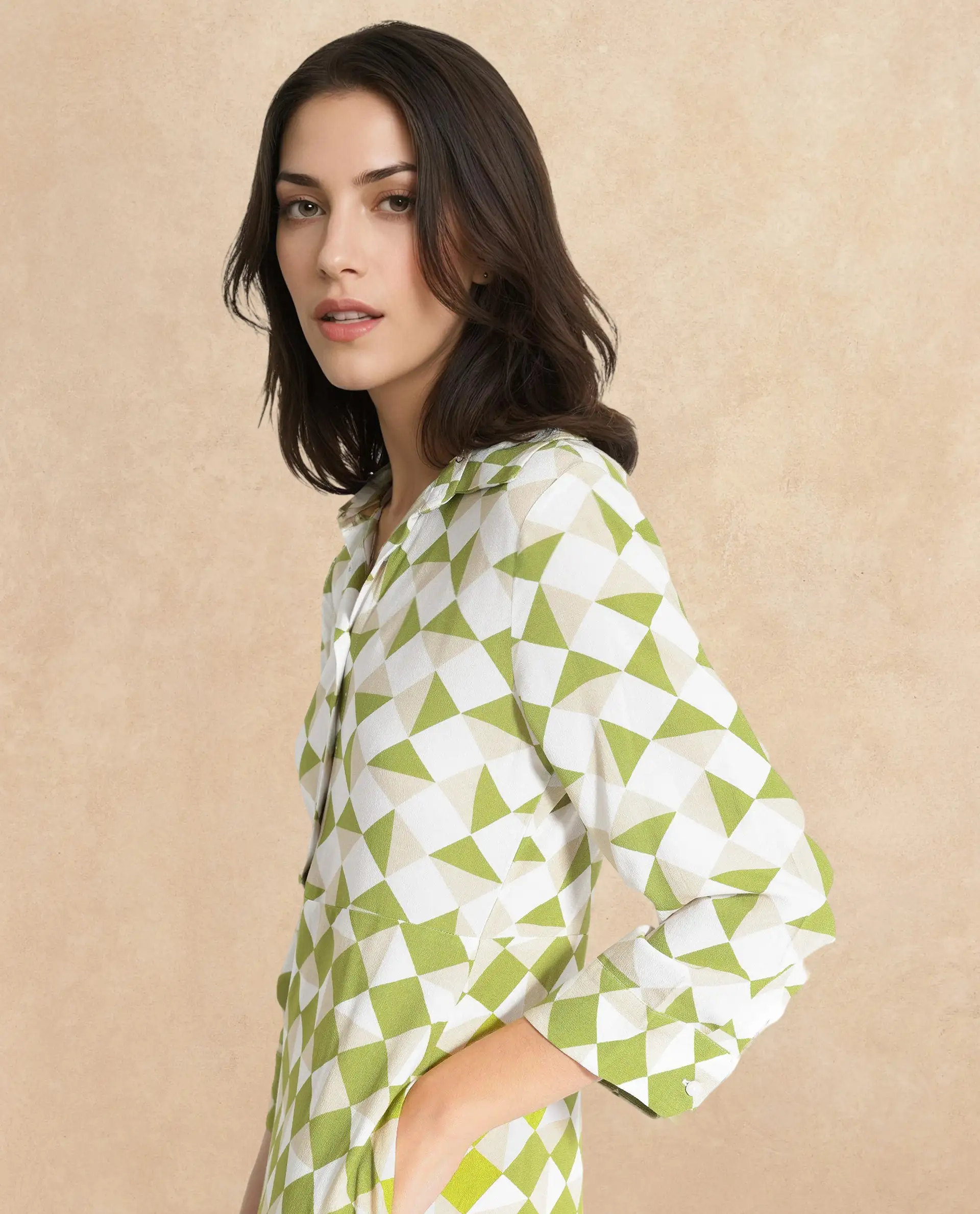 Rareism Women's Alice Light Green Moroccan Crepe Spread Collar Geometric Print Cuffed Sleeve Maxi Flared Dress - Image 3
