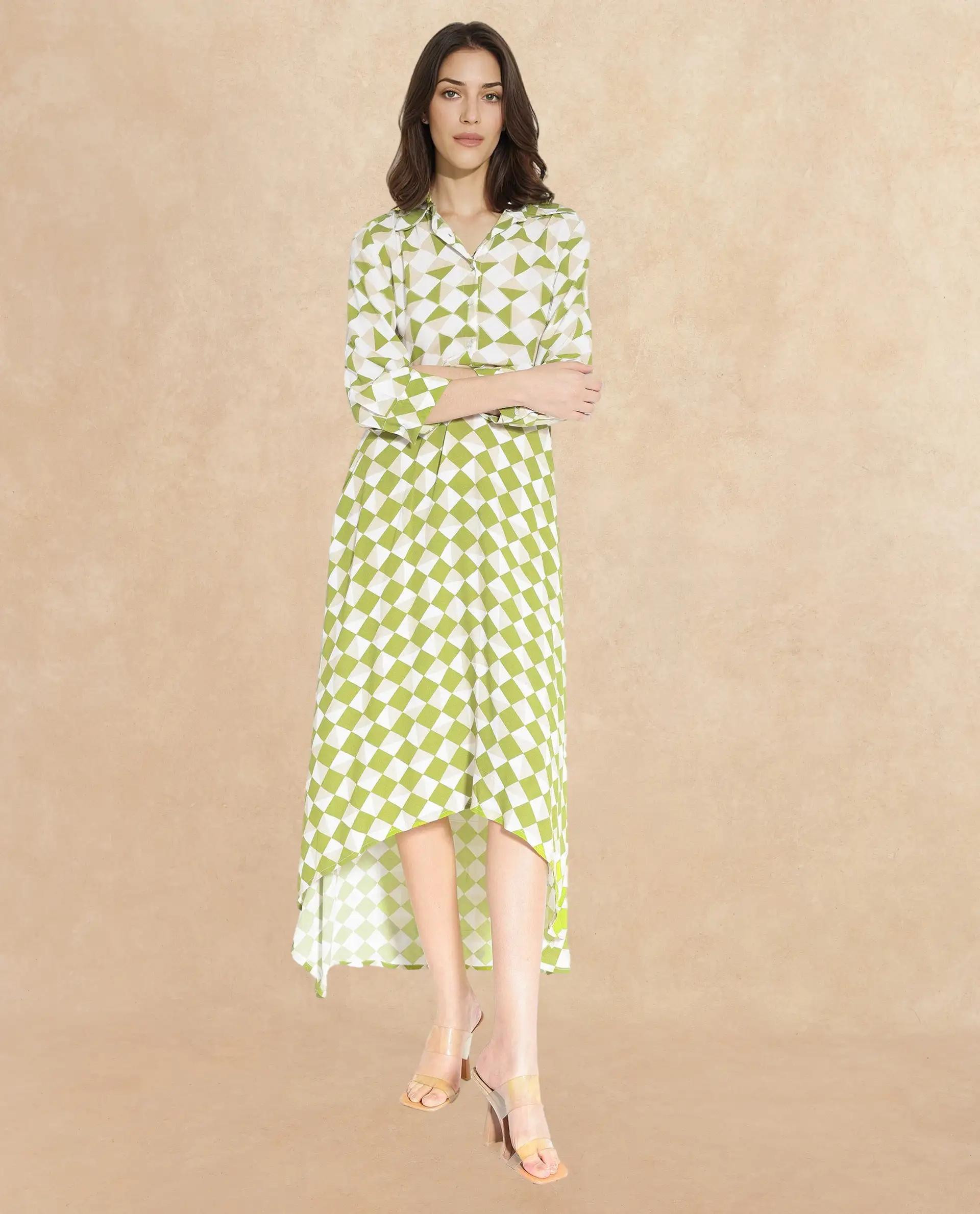 Rareism Women's Alice Light Green Moroccan Crepe Spread Collar Geometric Print Cuffed Sleeve Maxi Flared Dress - Image 4