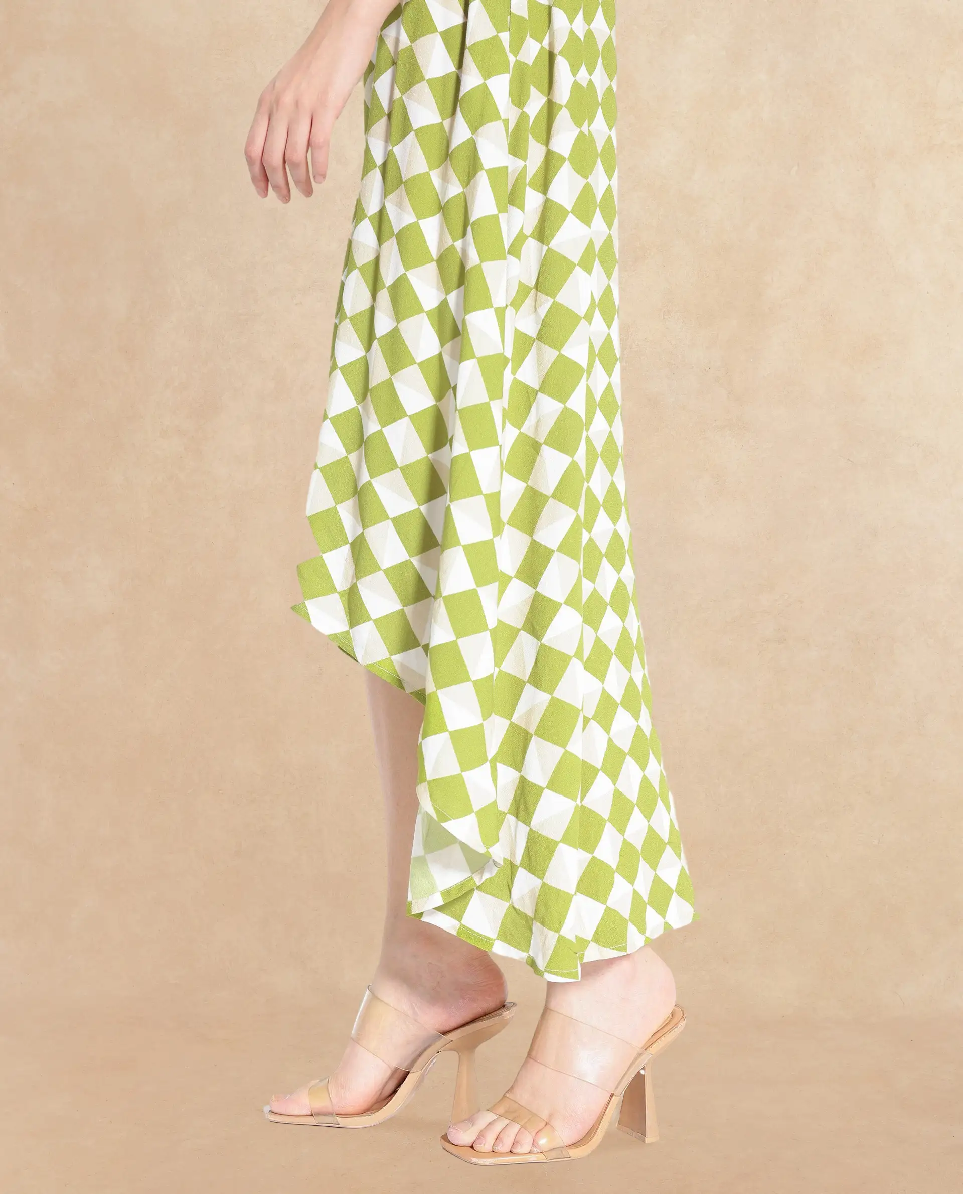 Rareism Women's Alice Light Green Moroccan Crepe Spread Collar Geometric Print Cuffed Sleeve Maxi Flared Dress - Image 5