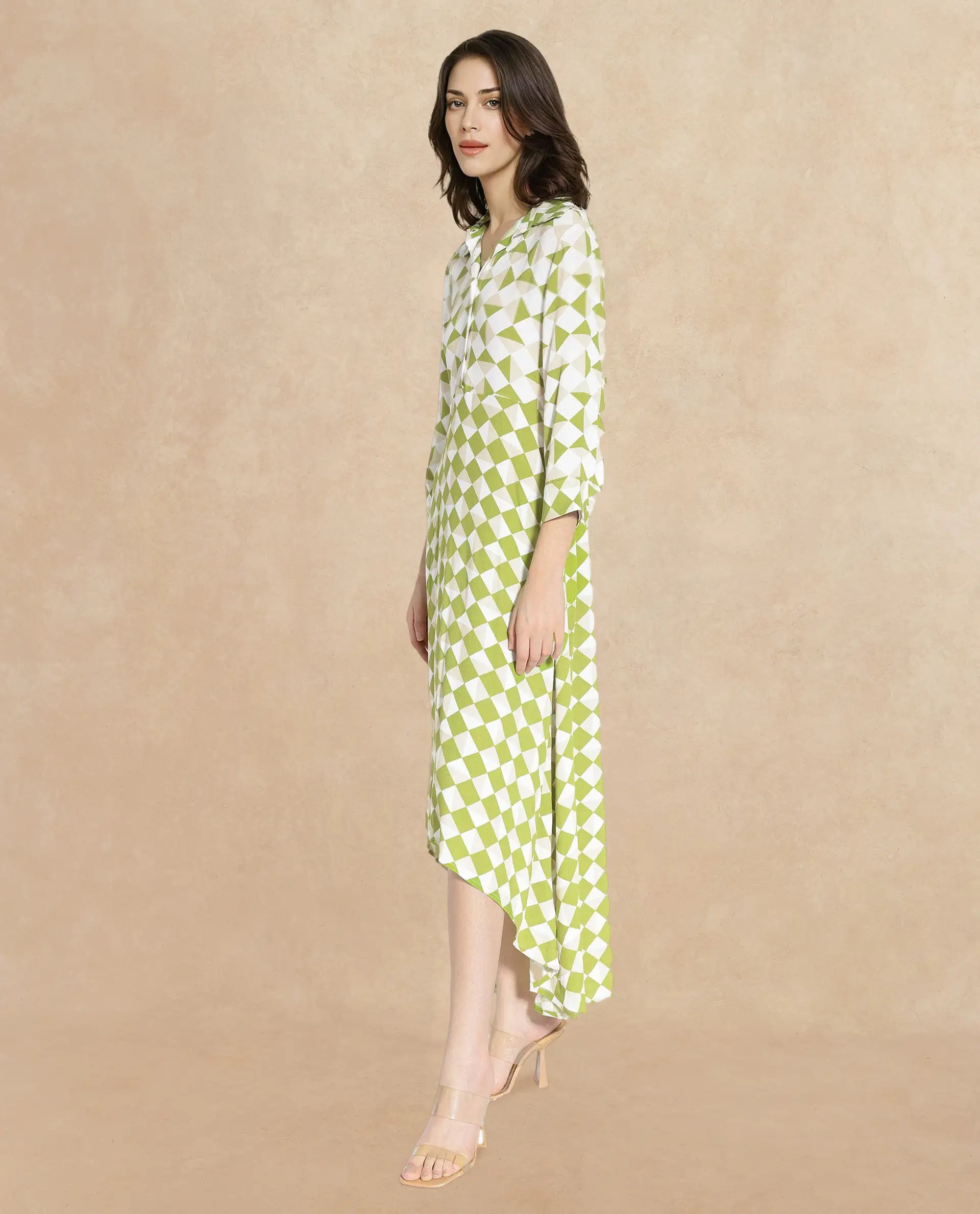 Rareism Women's Alice Light Green Moroccan Crepe Spread Collar Geometric Print Cuffed Sleeve Maxi Flared Dress - Image 6