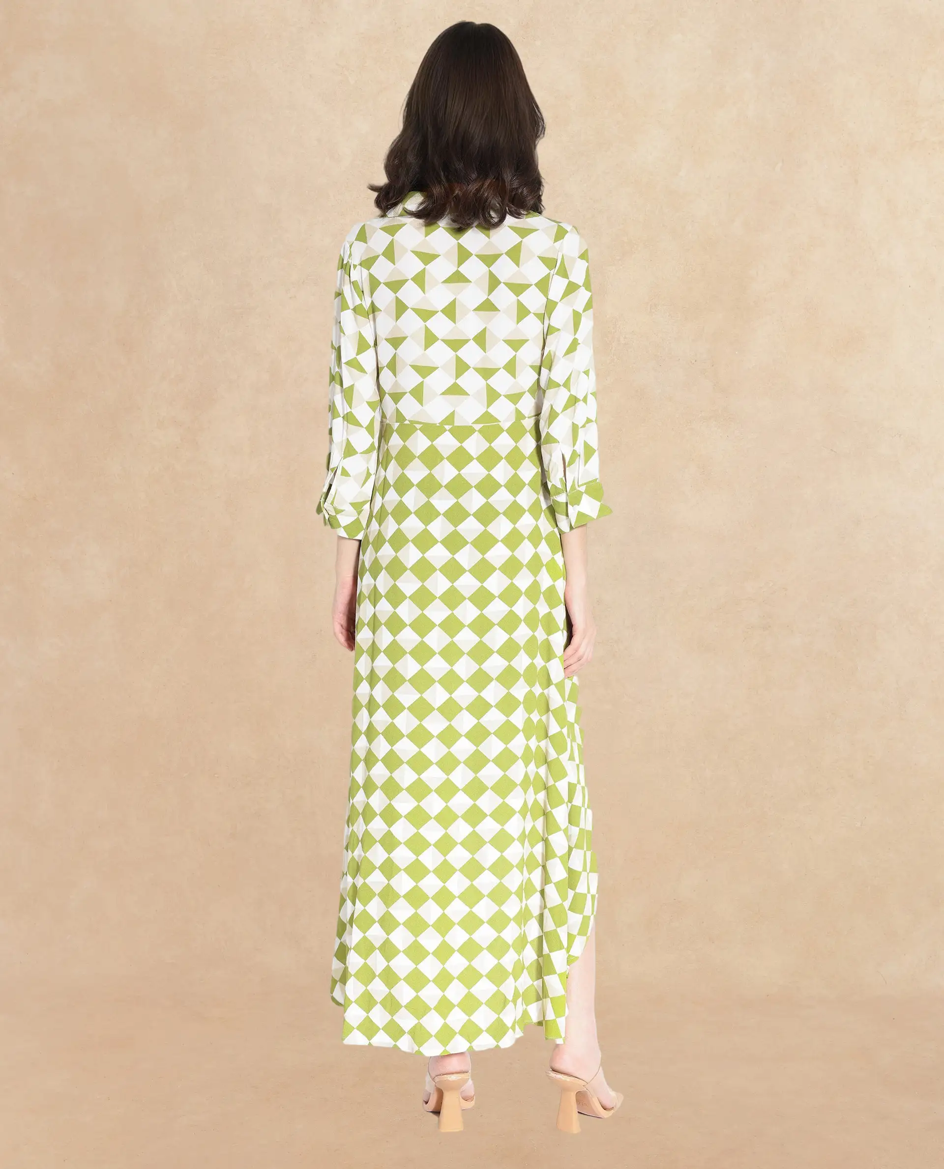 Rareism Women's Alice Light Green Moroccan Crepe Spread Collar Geometric Print Cuffed Sleeve Maxi Flared Dress - Image 7