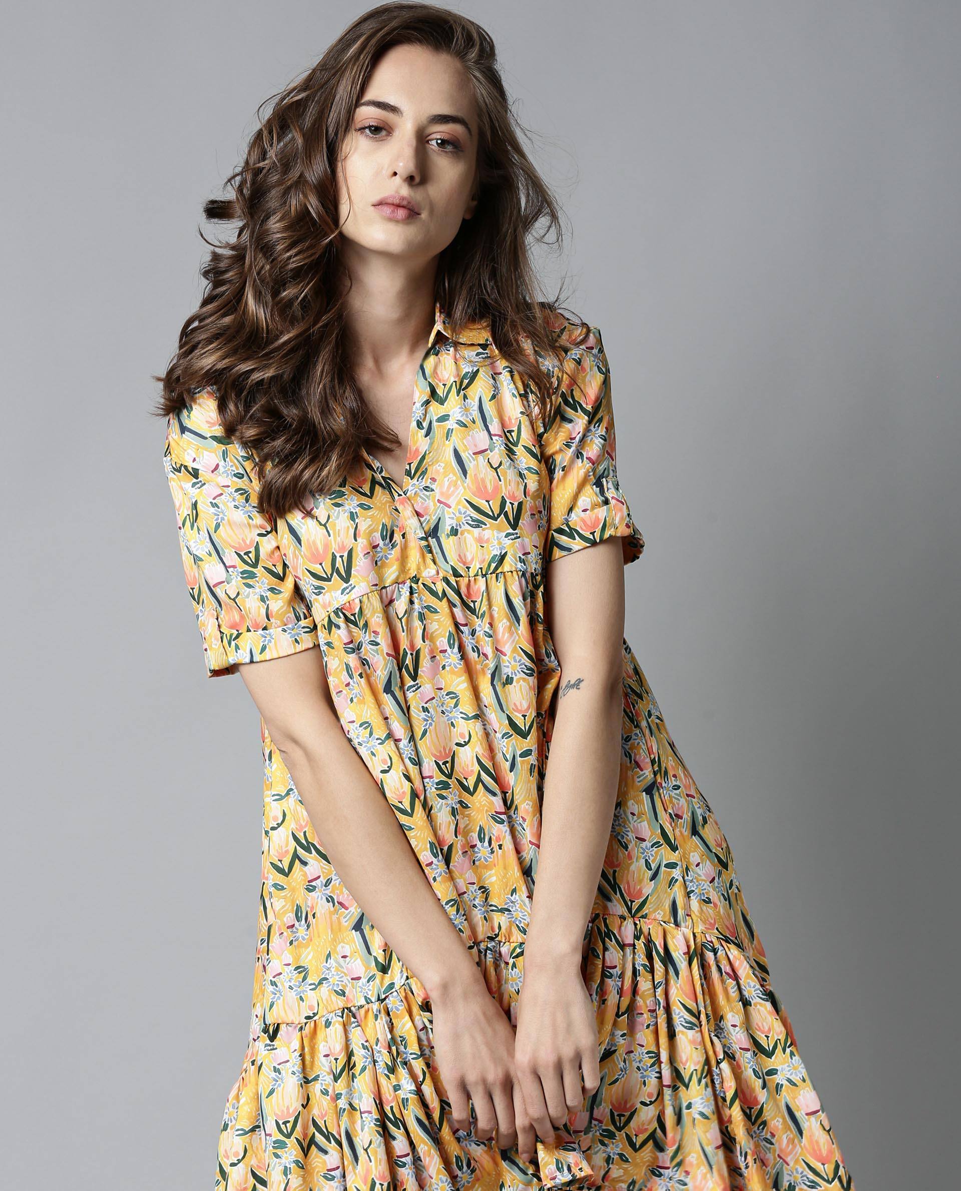 Rareism Women Alice Yellow Dress Short Sleeves Printed