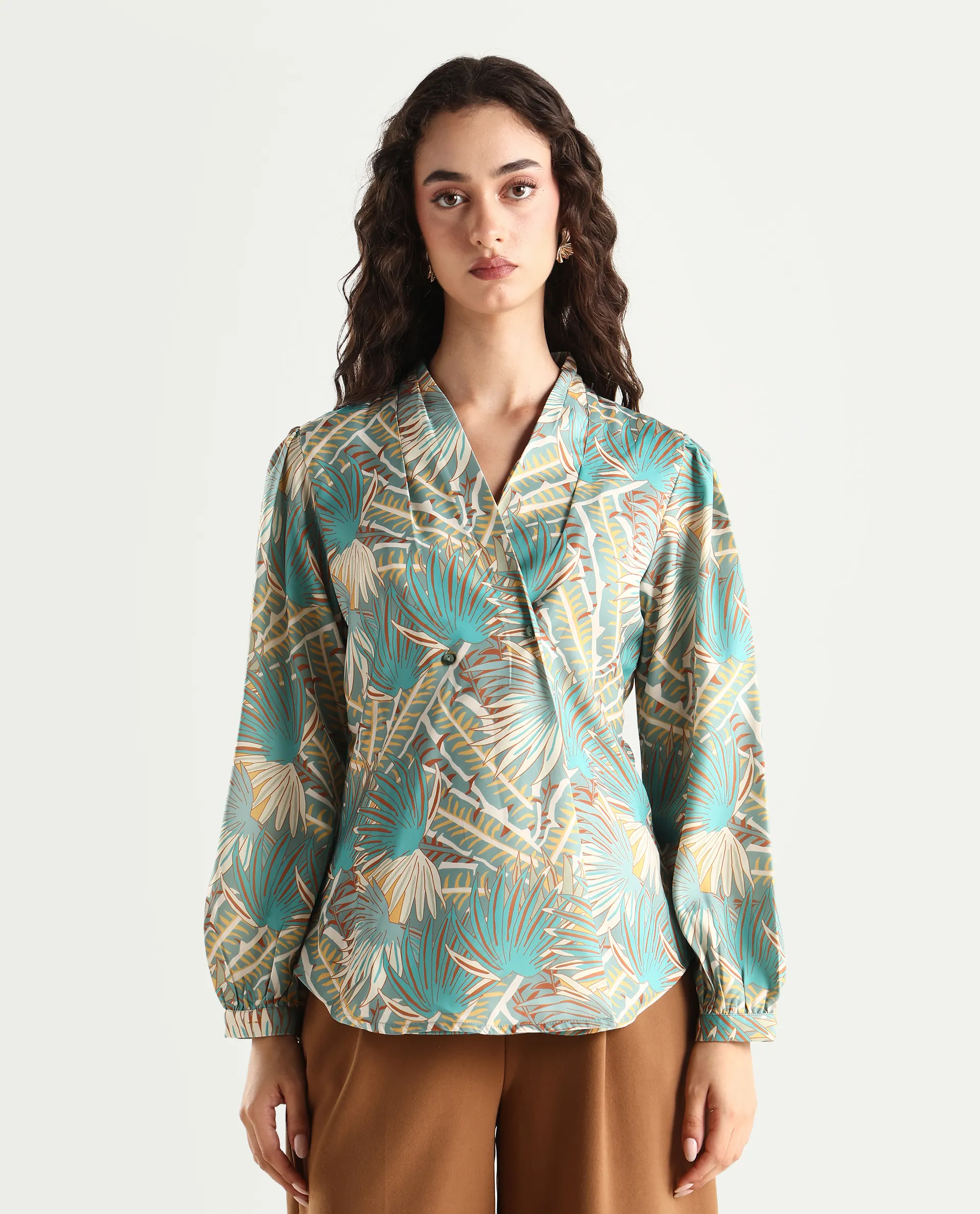 Rareism Women's Alici Blue Nylon Blend Overlap Neck Abstract Print Bishop Sleeve Regular Fit Top - Image 3