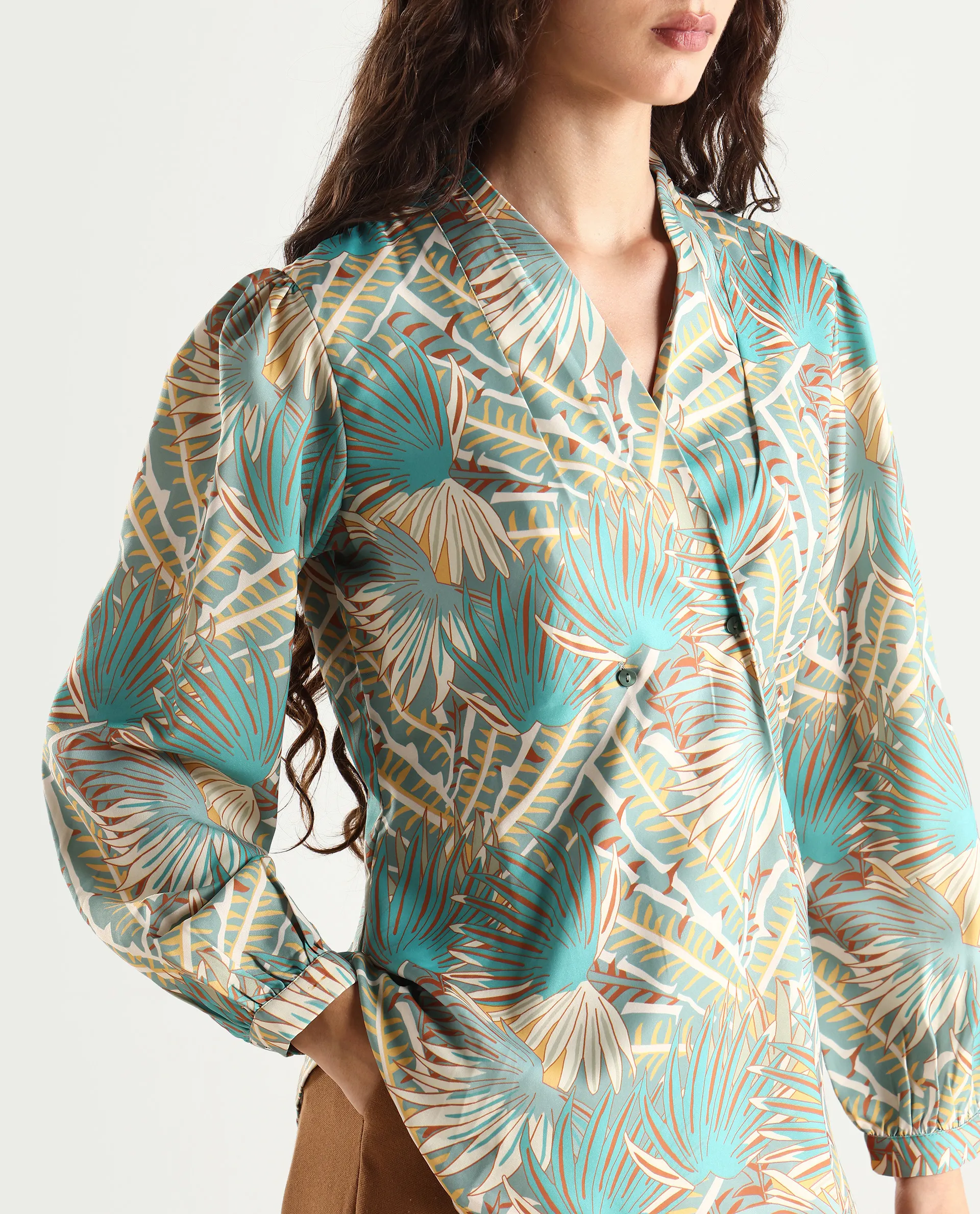 Rareism Women's Alici Blue Nylon Blend Overlap Neck Abstract Print Bishop Sleeve Regular Fit Top - Image 4