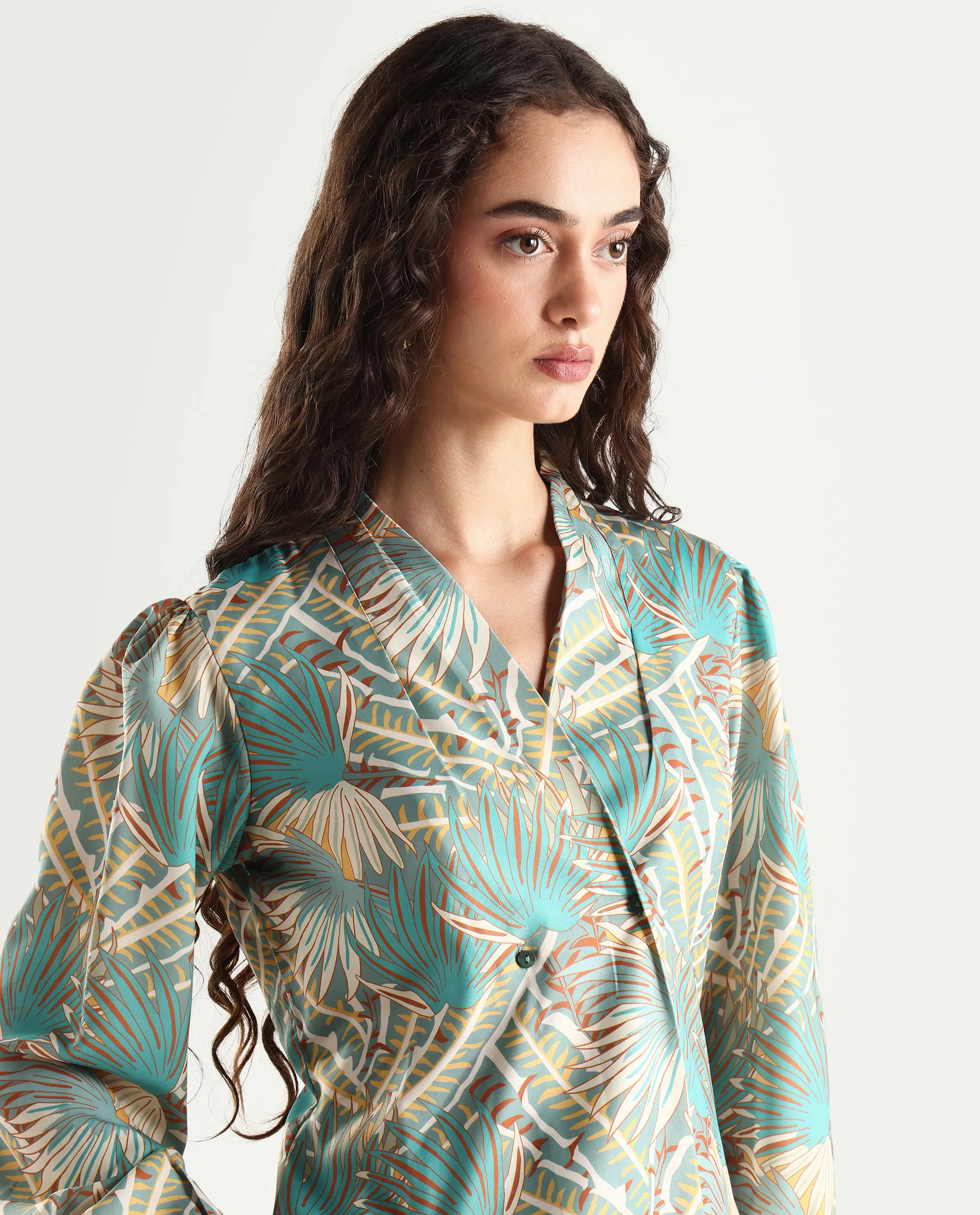 Rareism Women's Alici Blue Nylon Blend Overlap Neck Abstract Print Bishop Sleeve Regular Fit Top - Image 5