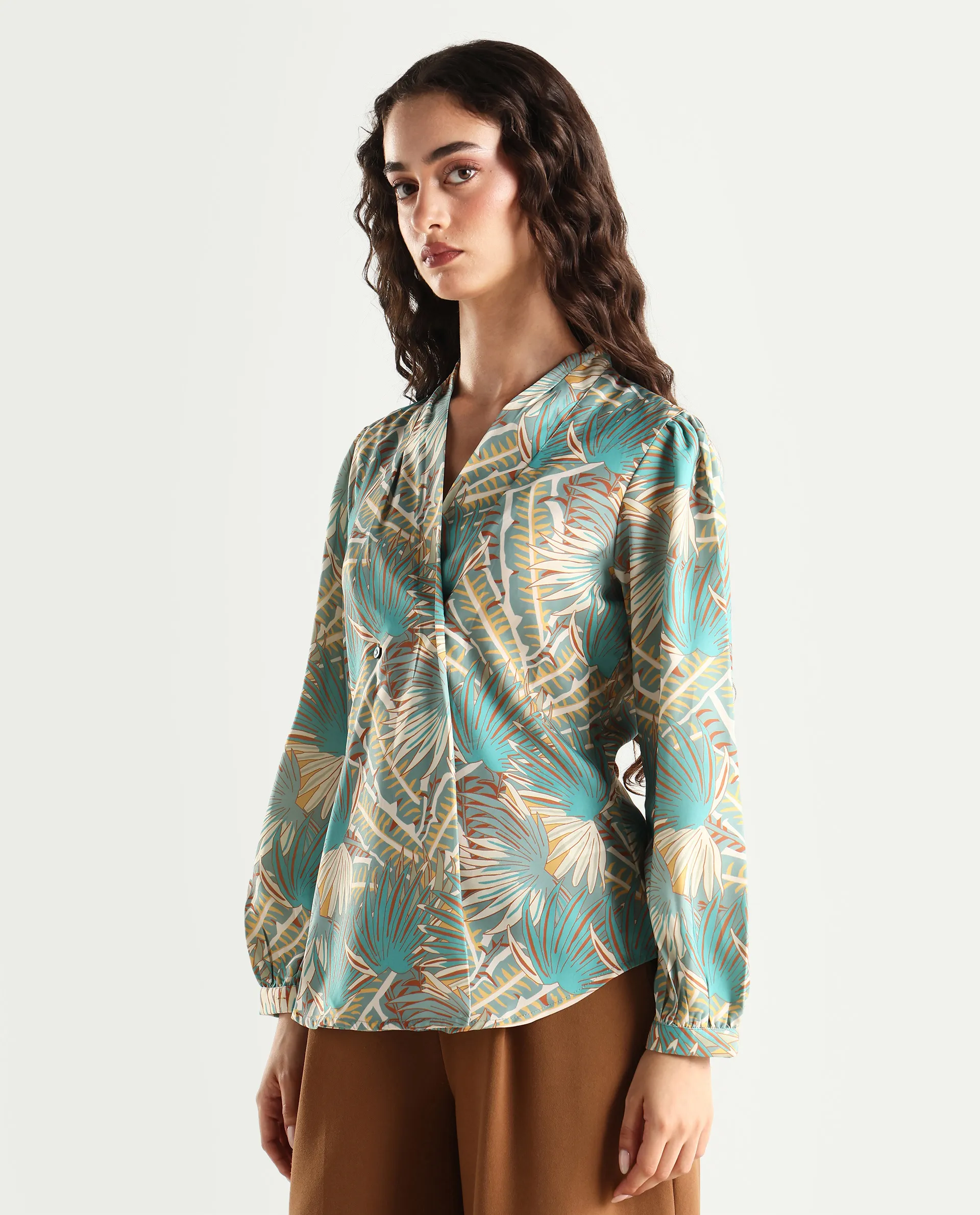 Rareism Women's Alici Blue Nylon Blend Overlap Neck Abstract Print Bishop Sleeve Regular Fit Top - Image 6