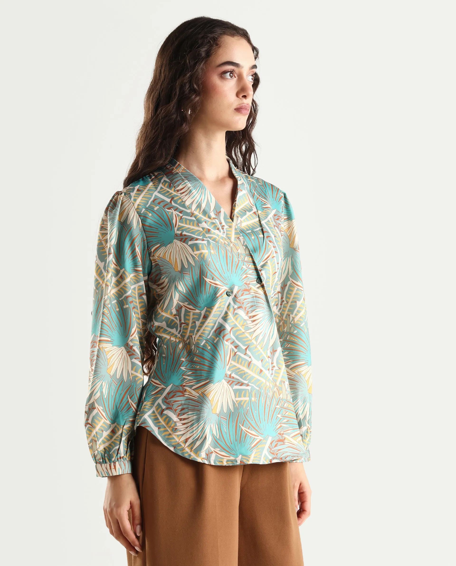 Rareism Women's Alici Blue Nylon Blend Overlap Neck Abstract Print Bishop Sleeve Regular Fit Top - Image 7