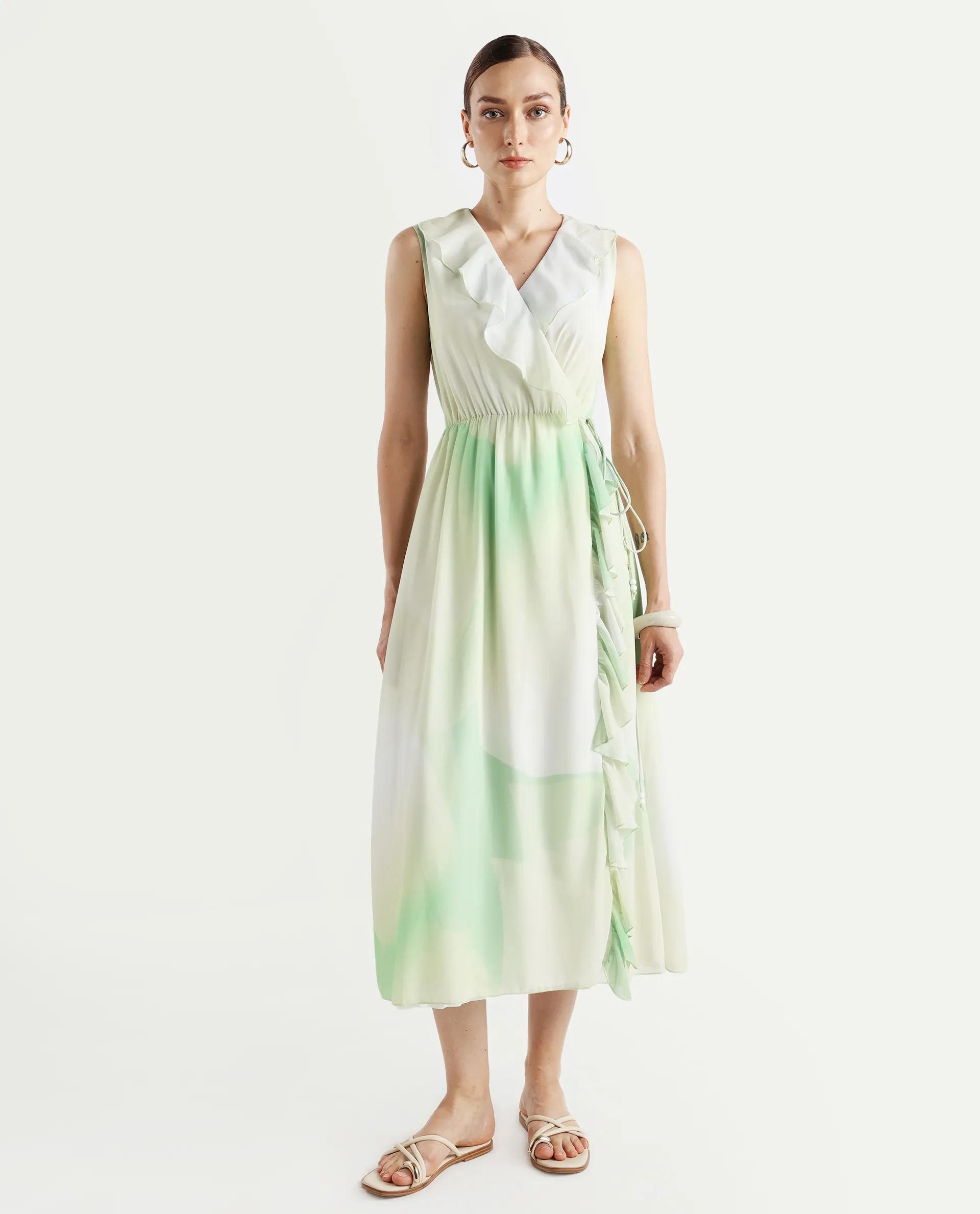 Rareism Women's Alicia Green Polyester Overlap Neck Abstract Print Sleeveless Maxi A-Line Dress - Image 2