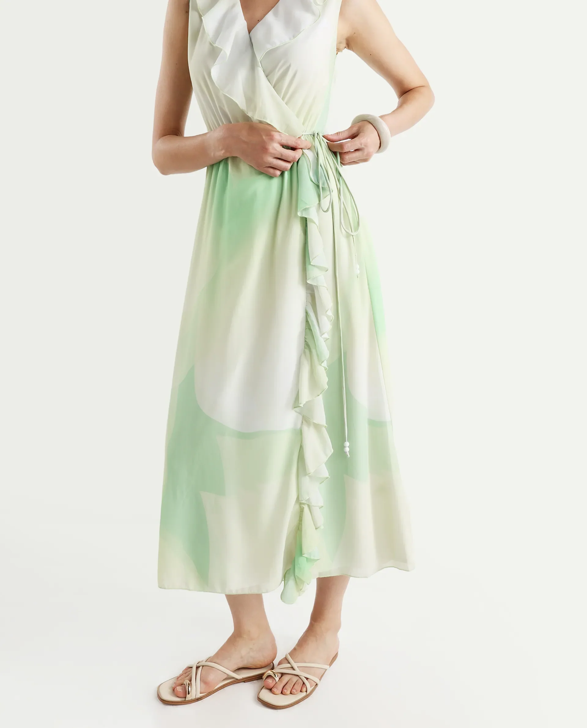 Rareism Women's Alicia Green Polyester Overlap Neck Abstract Print Sleeveless Maxi A-Line Dress - Image 5