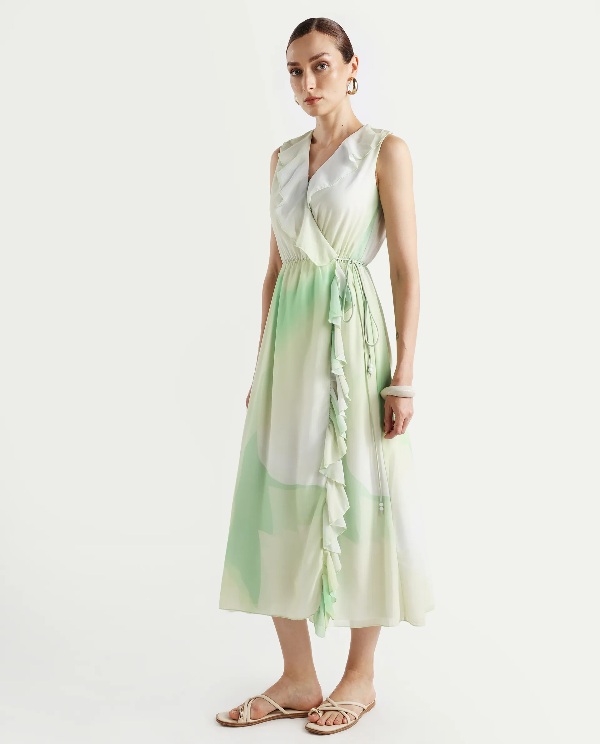 Rareism Women's Alicia Green Polyester Overlap Neck Abstract Print Sleeveless Maxi A-Line Dress - Image 6