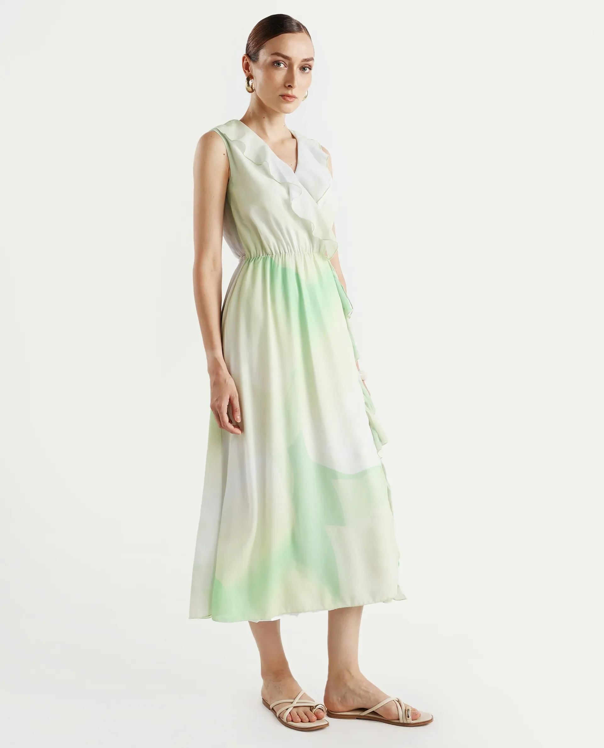Rareism Women's Alicia Green Polyester Overlap Neck Abstract Print Sleeveless Maxi A-Line Dress - Image 7