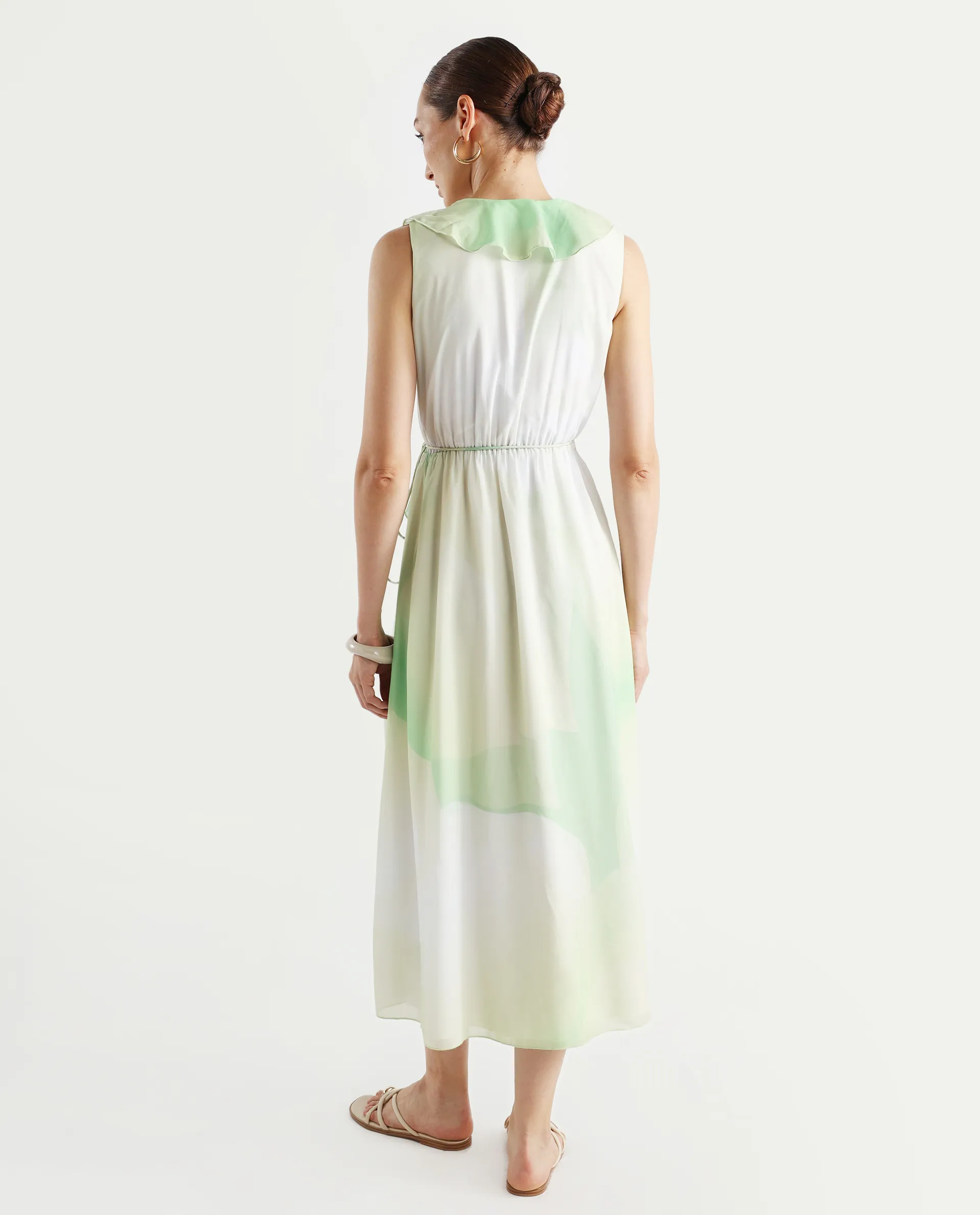 Rareism Women's Alicia Green Polyester Overlap Neck Abstract Print Sleeveless Maxi A-Line Dress - Image 8