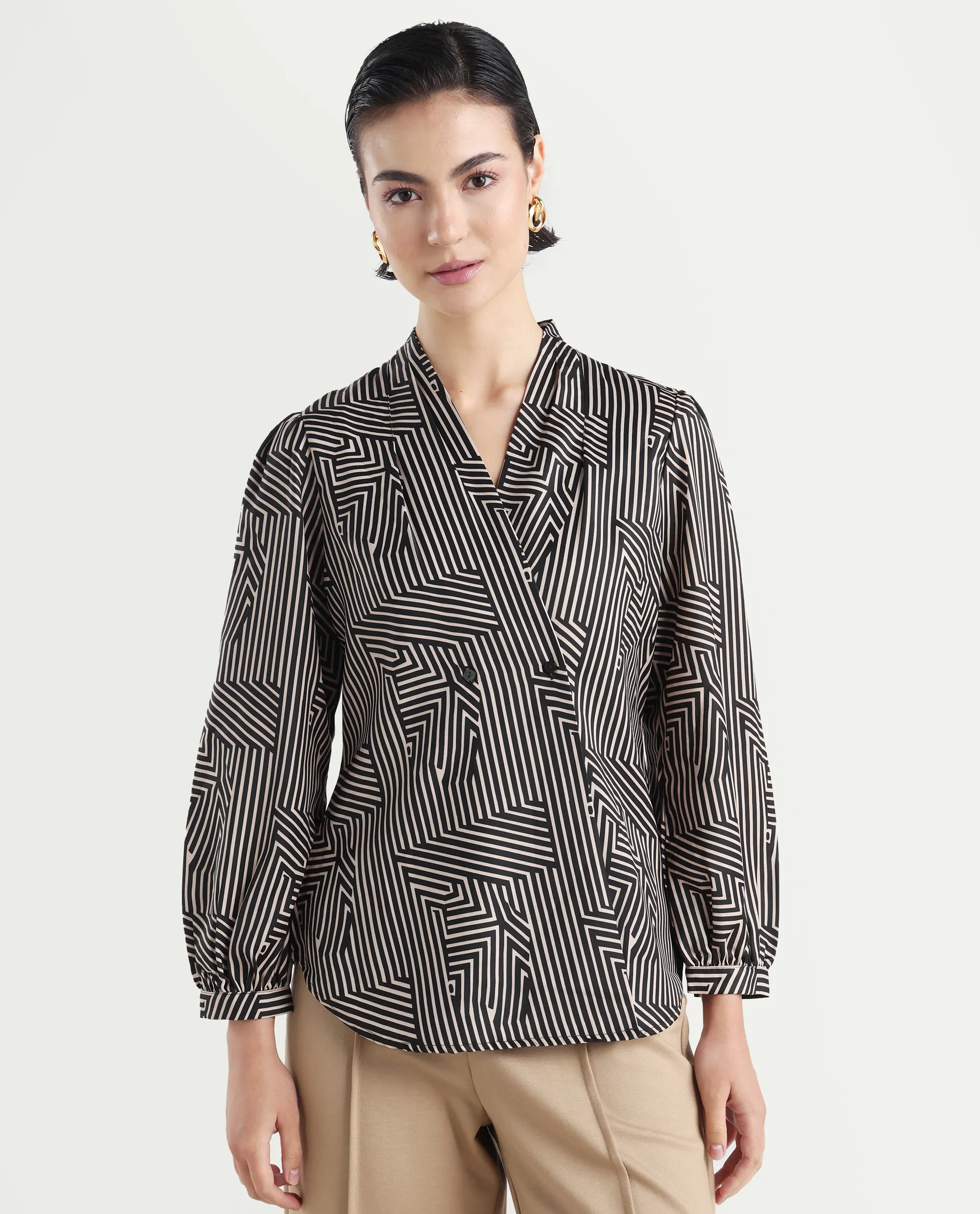 Rareism Women's Alie Black Satin Overlap Neck Geometric Print Bishop Sleeve Regular Fit Top - Image 3