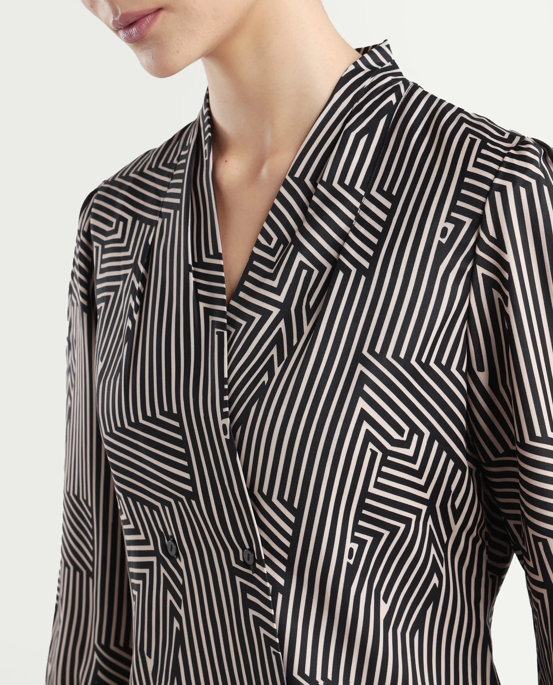 Rareism Women's Alie Black Satin Overlap Neck Geometric Print Bishop Sleeve Regular Fit Top - Image 4