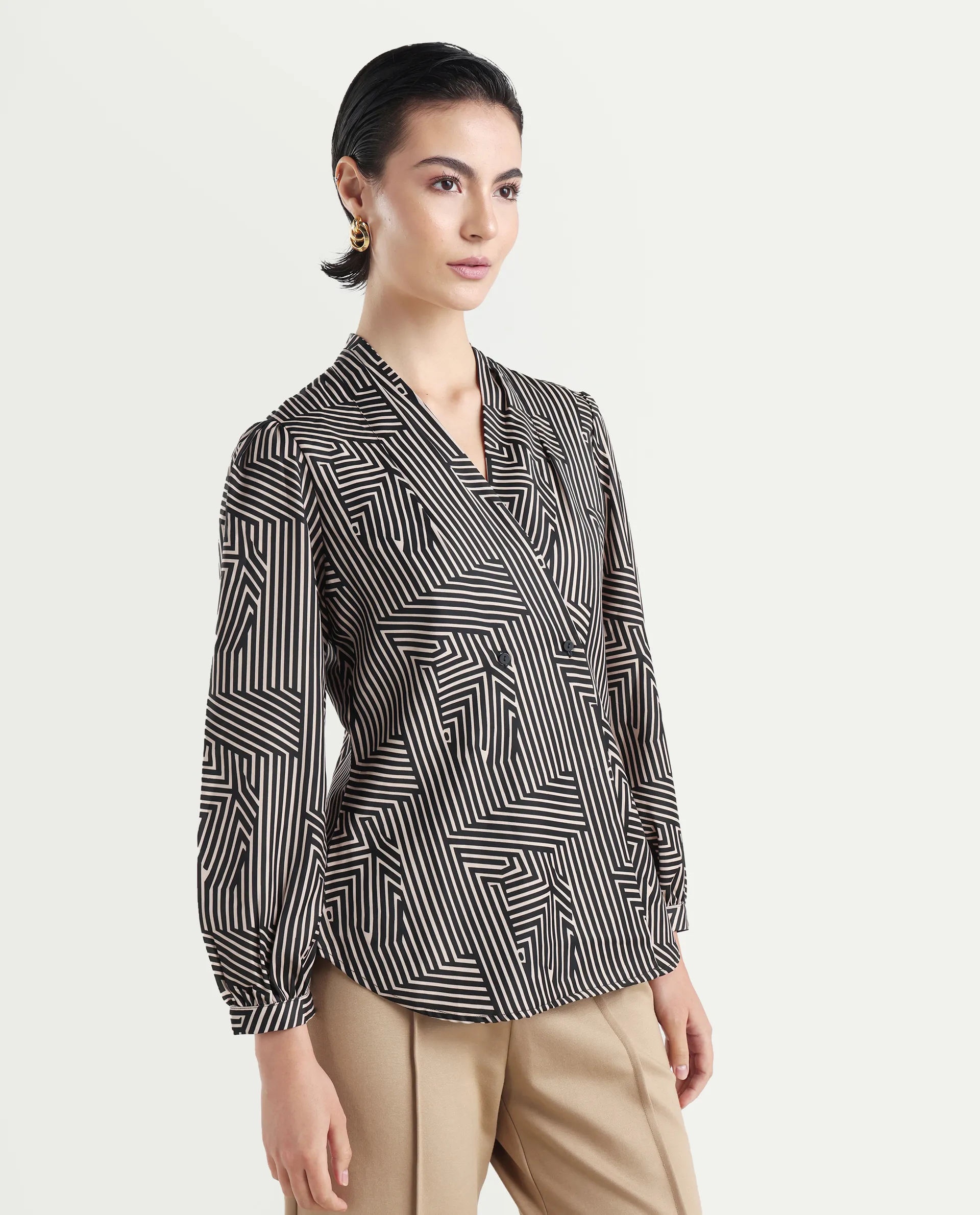 Rareism Women's Alie Black Satin Overlap Neck Geometric Print Bishop Sleeve Regular Fit Top - Image 5
